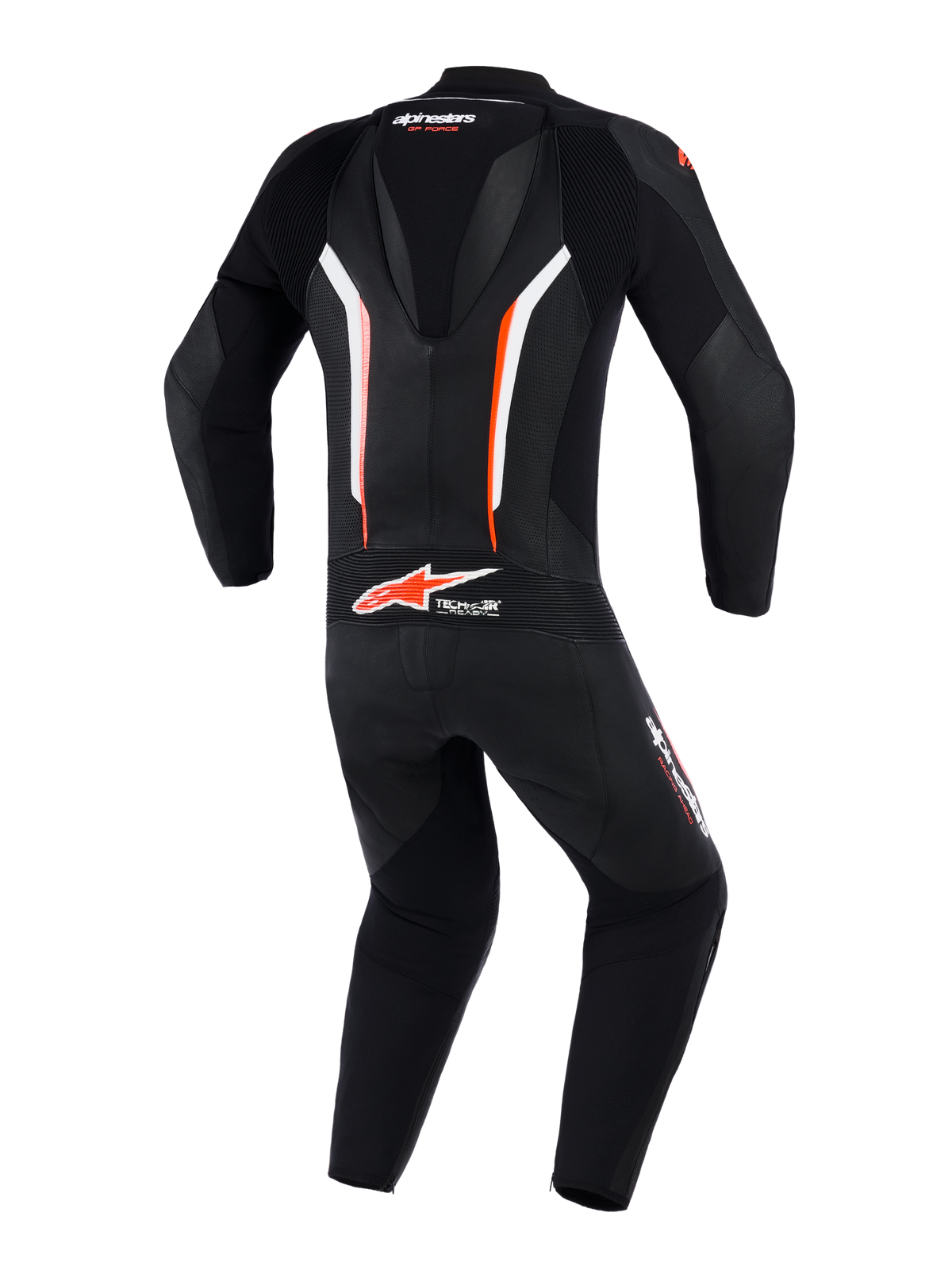 Alpinestars GP Force V2 Lederkombi 1-teilig, Rückansicht, Schwarz, Weiß und Fluo-Rot, mit aerodynamischem Geschwindigkeitsbuckel, perforierten Lederpaneelen zur Belüftung und Tech-Air Ready Branding am unteren Rücken, professionelle Motorrad-Rennausrüstung.