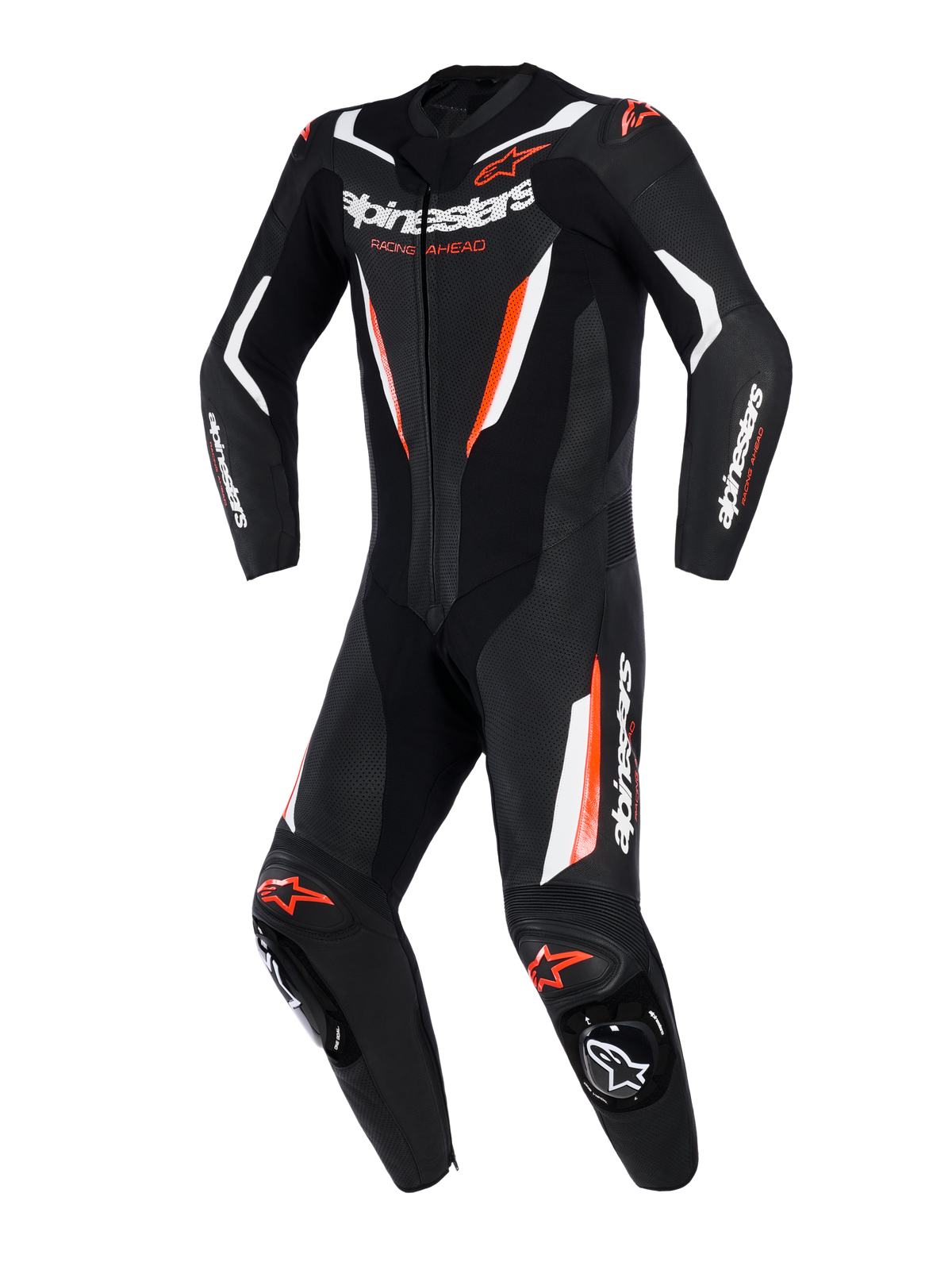 Alpinestars GP Force V2 Lederkombi, 1-teiliger Motorrad-Rennanzug, Schwarz, Weiß und Rot Fluo, mit perforierten Lederpartien, weißen und fluoreszierenden roten Akzenten, Alpinestars-Branding auf Brust und Ärmeln, professionelles, rennstreckentaugliches Design.