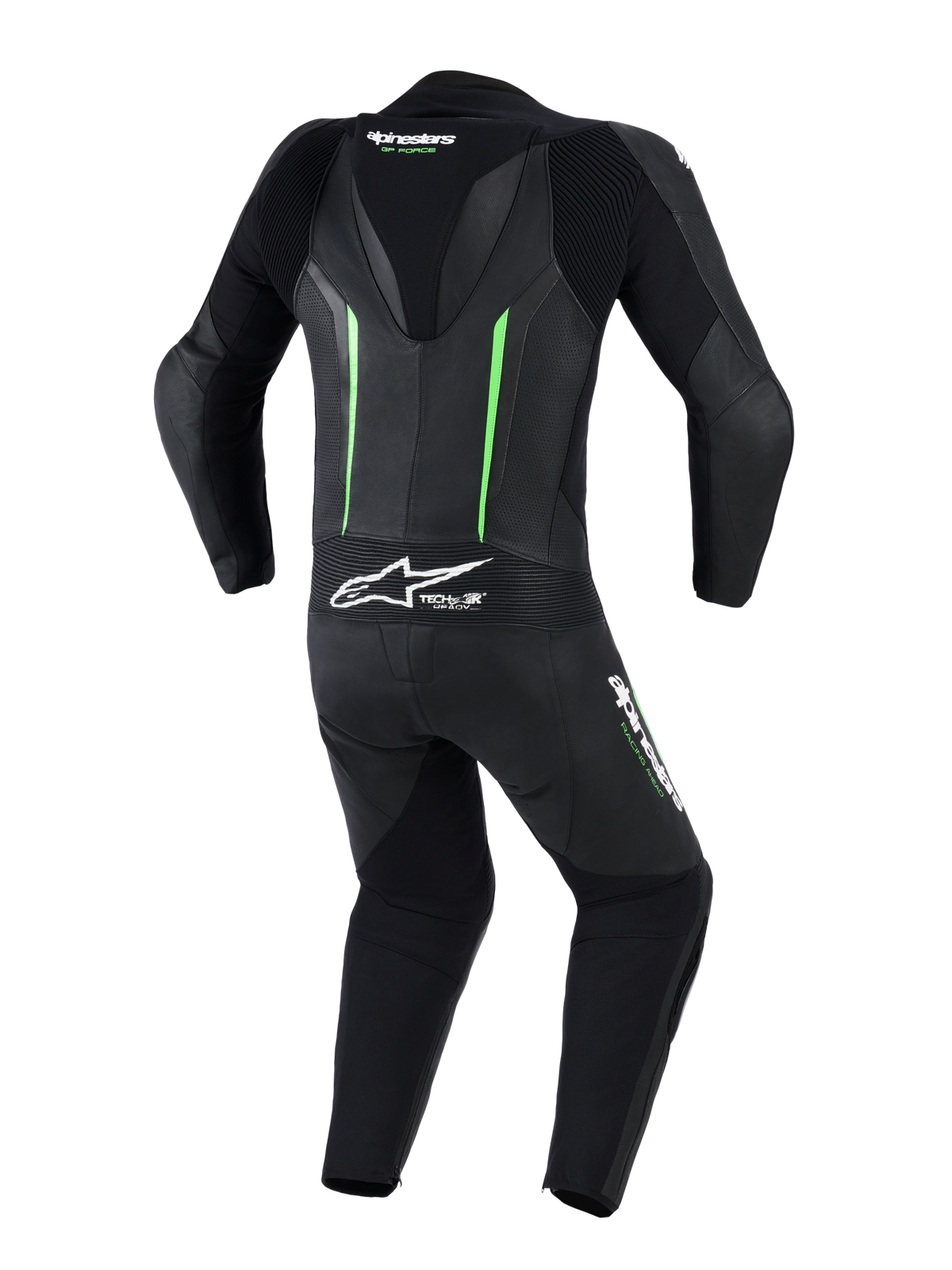 Alpinestars GP Force V2 Leather Suit - 1Piece, Back view, Black with fluorescent green accents, featuring an aerodynamic speed hump, perforated leather panels, accordion stretch zones, and Tech-Air Ready branding, professional motorcycle racing gear