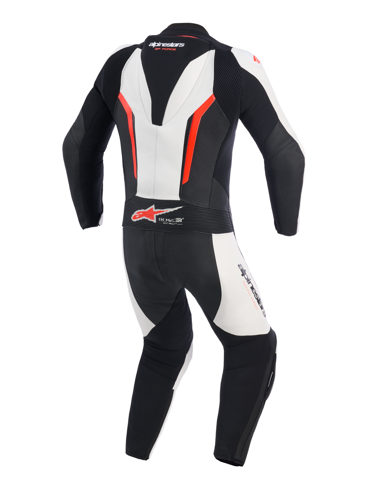 Alpinestars GP Force V2 Lederkombi, 1-teilig, Weiß, Schwarz und Fluo-Rot, Rückansicht mit aerodynamischem Rückenhöcker, Akkordeon-Leder-Stretchpaneelen an Schultern und unterem Rücken, perforierten Belüftungszonen und Tech-Air® Ready Logo, professioneller Rennanzug für die Rennstrecke
