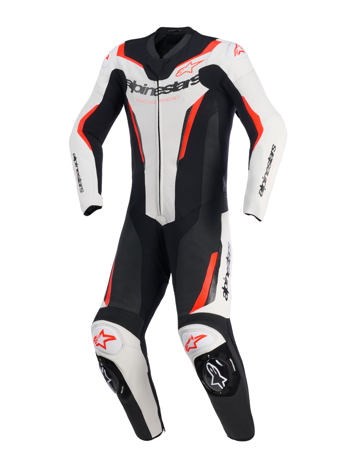 Alpinestars GP Force V2 Lederkombi - 1-teilig, Weiß, Schwarz und Rot Fluo, einteiliger Motorrad-Rennanzug, Vorderansicht, mit perforierten Lederpaneelen, Alpinestars-Branding auf der Brust und den Schultern sowie integrierten Knieschleifern.
