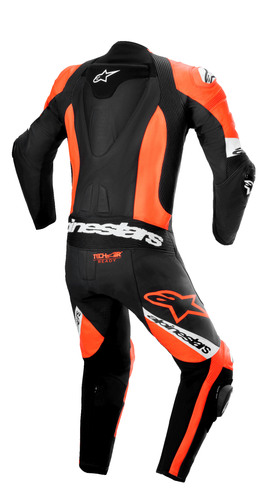 Alpinestars Missile V2 Ward 1-teilige Lederkombi, Rückansicht, Schwarz und Fluo-Rot mit weißen Akzenten, aerodynamischer Höcker, Akkordeon-Stretch-Einsätze am unteren Rücken und an den Knien, 'Tech-Air Ready'-Logo, markantes Alpinestars-Branding für professionellen Rennsport