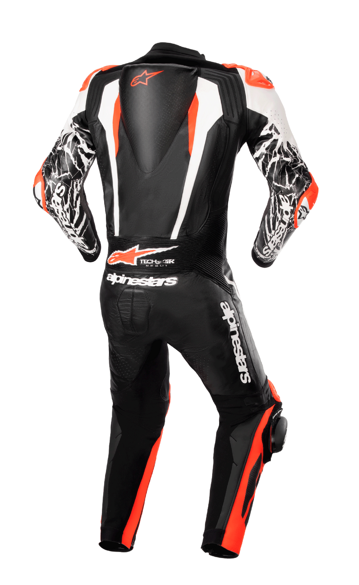 Alpinestars Racing Absolute V2 Einteiliger Lederkombi, Rückansicht, Schwarz, Weiß und Fluo-Rot, mit aerodynamischem Rückenhöcker mit Logo, Tech-Air Ready Branding und weißen Akzenten im Marmor-Muster an den Armen, professionelle, rennstreckentaugliche Motorradausrüstung