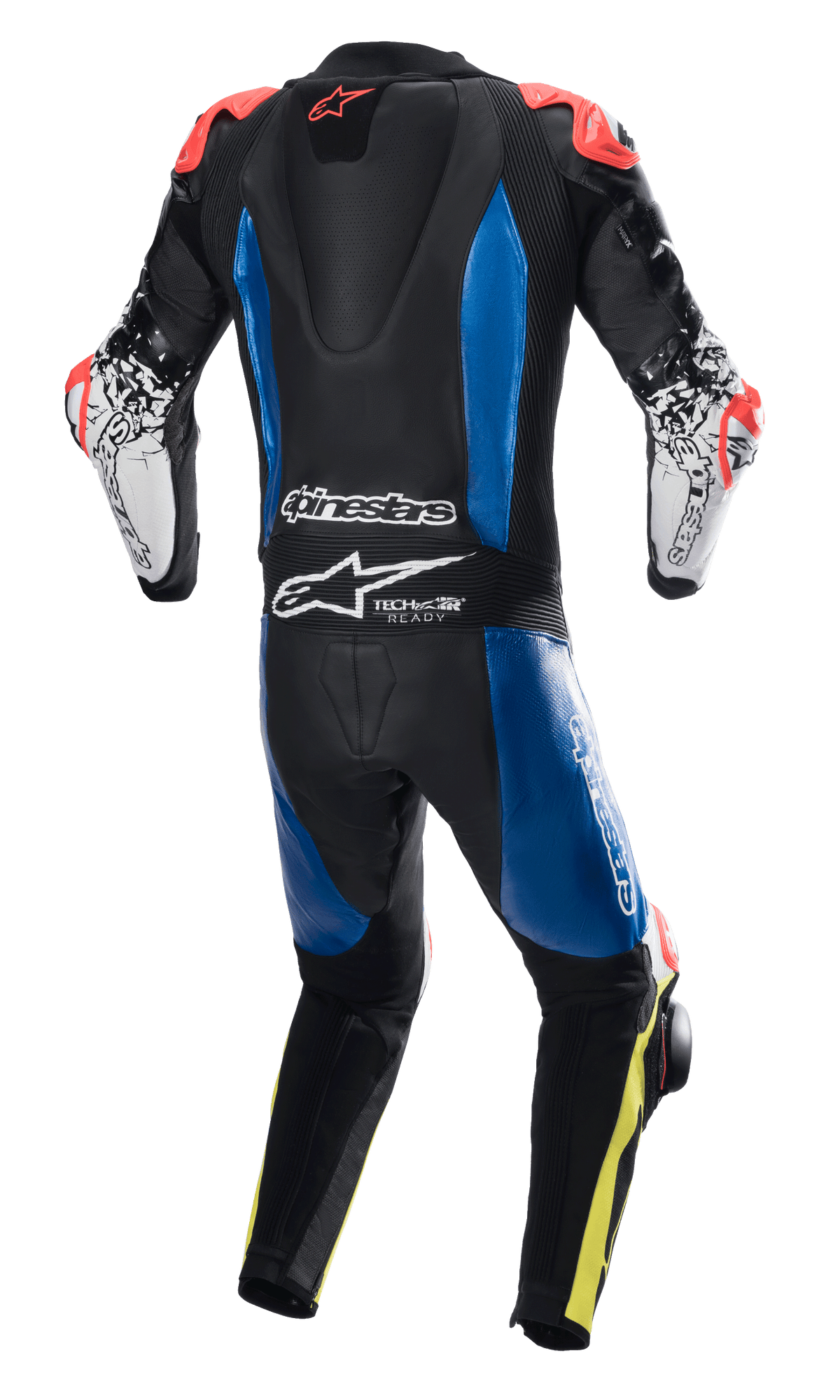 Alpinestars GP Tech V4 Lederkombi, einteiliger Leder-Rennanzug, Schwarz mit blauen Einsätzen und Fluo-Roten Akzenten, Rückansicht mit aerodynamischem Höcker und Tech-Air Ready-Branding, weiße Ärmel mit schwarzen Grafiken und Fluo-Gelben Beindetails, professionelle Rennausrüstung für die Rennstrecke.
