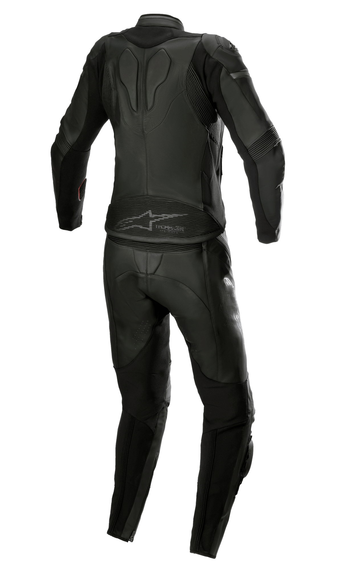 Alpinestars Stella GP Plus 2-teilige Lederkombi für Damen, Black Metallic Gray, Rückansicht mit stromlinienförmigem Design, Akkordeon-Stretch-Einsätzen, schützender Lederkonstruktion und Alpinestars-Branding am unteren Rücken, speziell auf eine Damen-Rennpassform zugeschnitten.