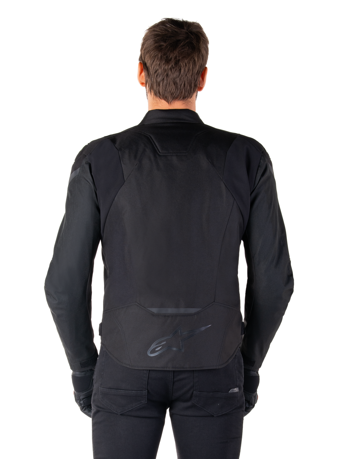 Alpinestars T-Jaws V4 Wasserdichte Jacke, Textil-Motorradjacke, Schwarz, Rückansicht mit Alpinestars-Logo am unteren Rücken, sportliche Passform für das Fahren auf der Straße