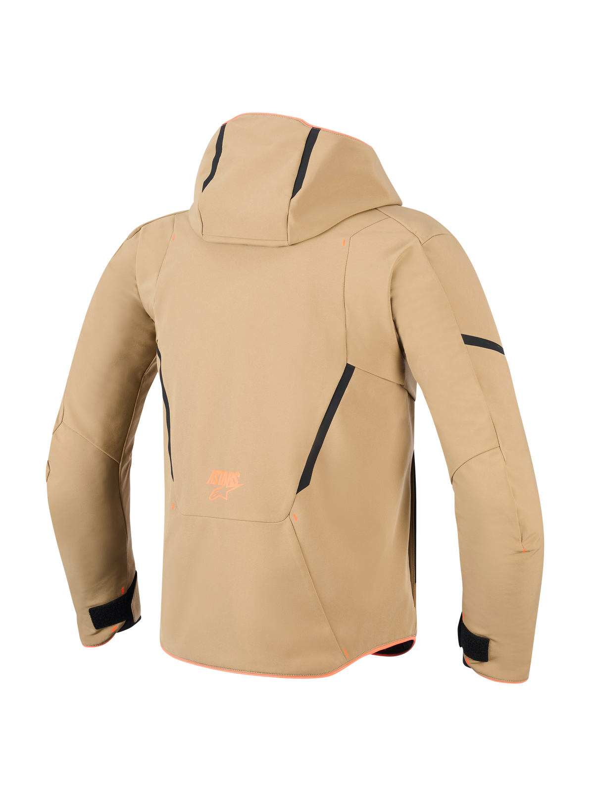 Alpinestars Aeroshell Waterproof Jacke, Rückansicht, Dunkles Khaki mit schwarzen und neon-orangenen Akzenten, mit Kapuze, schwarzen Kontrastlinien und orangefarbenem Branding, sportlicher Softshell-Motorrad-Hoodie