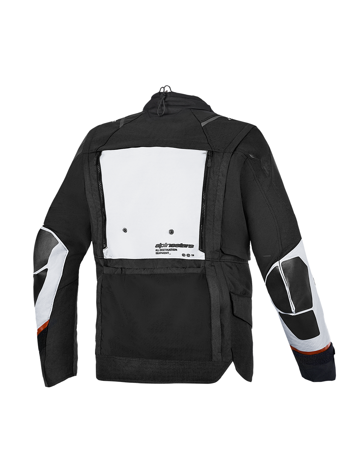 Alpinestars Harok V 2 Drystar Jacke, All-Terrain-Abenteuer-Motorradjacke, Rückansicht mit dunkelgrauer und eisgrauer Textilkonstruktion und großem Staufach am Rücken
