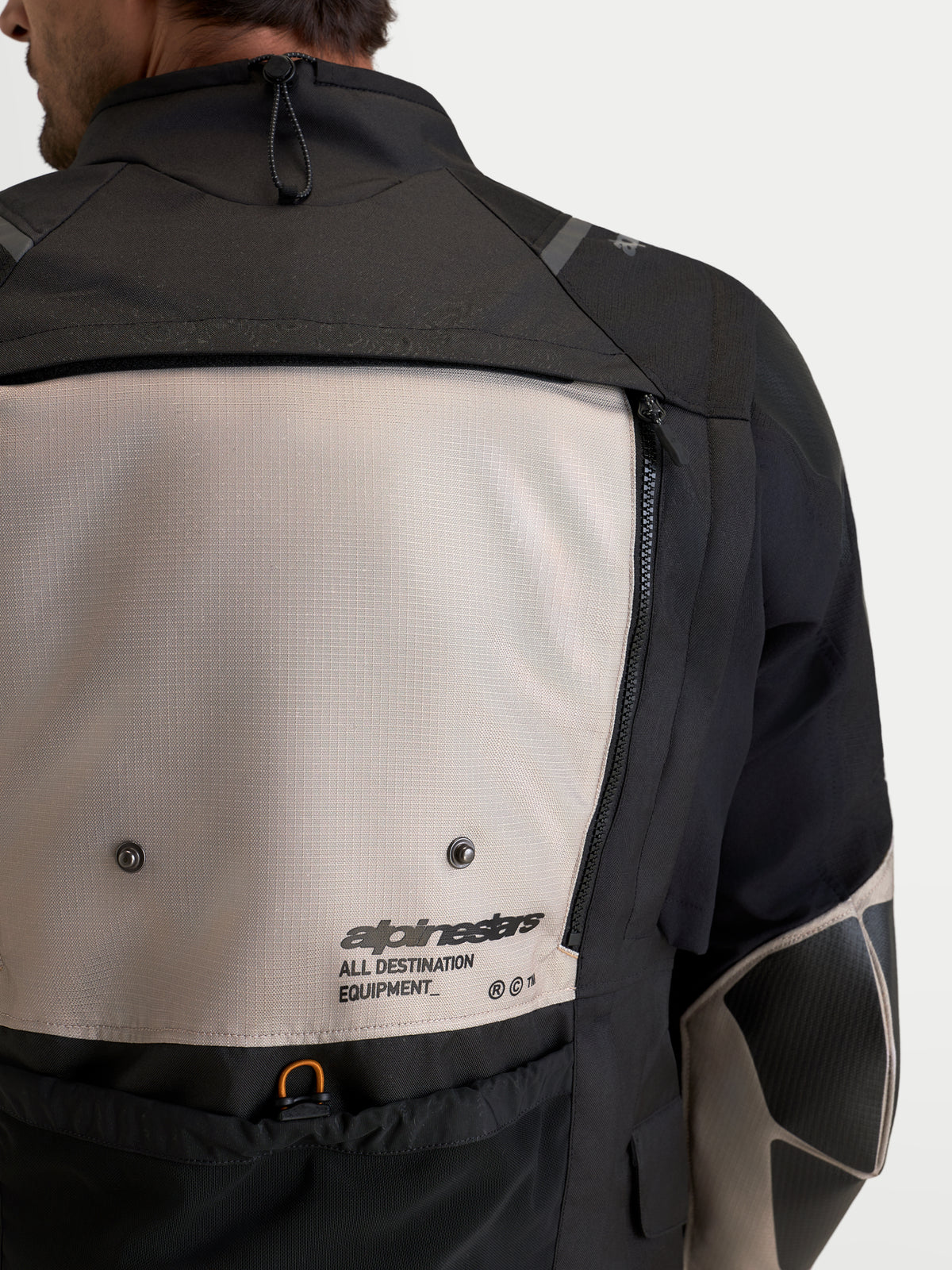 Alpinestars Harok V2 Drystar Jacket, Men's adventure motorcycle jacket, back view showing aluminum and black modular ventilation panel, ripstop construction, and Alpinestars branding