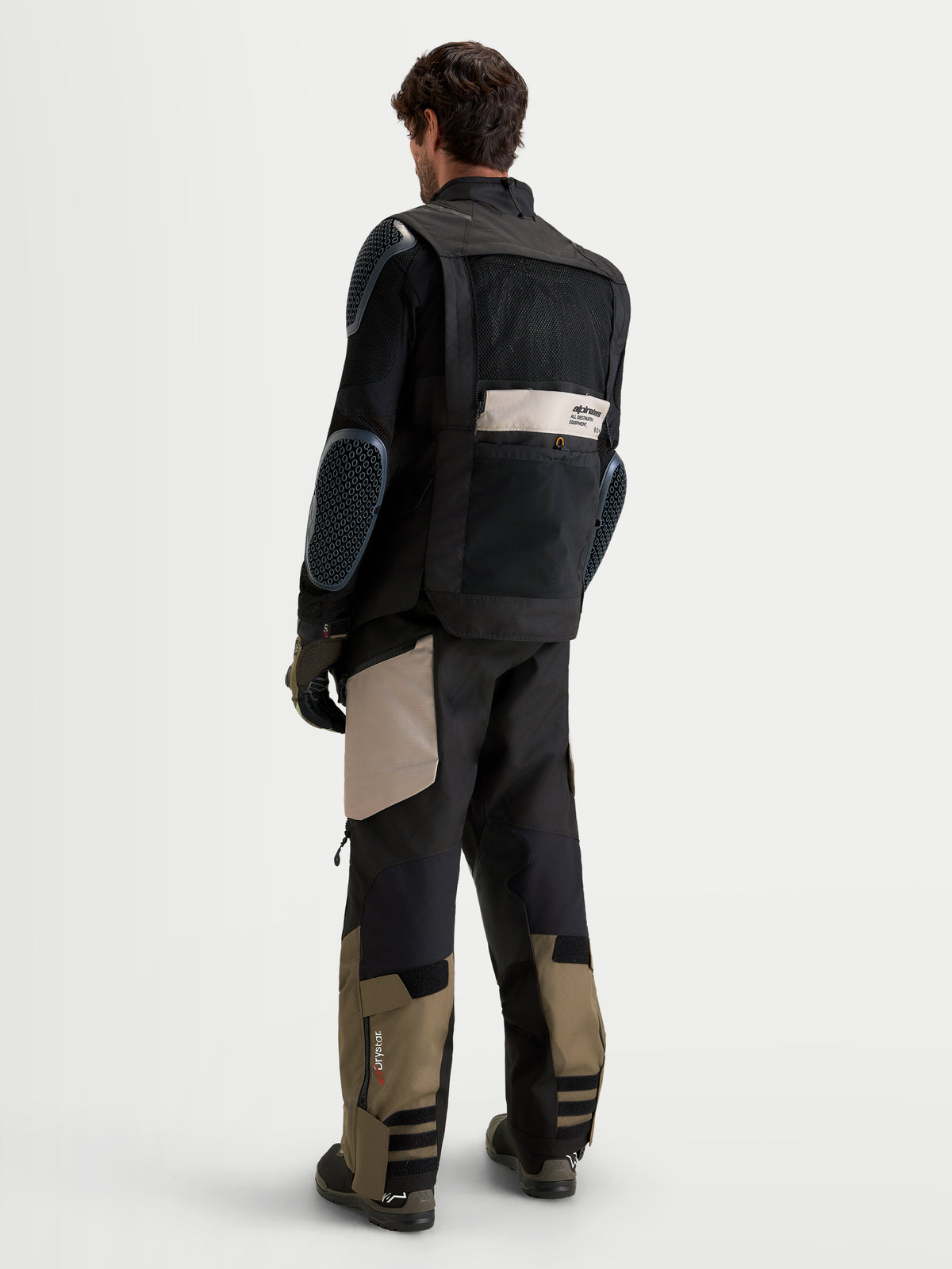 Alpinestars Harok V2 Drystar Jacket, Men's Adventure Motorcycle Jacket, Aluminum Walnut Black, rear view showing CE Level 2 shoulder and elbow armor, mesh ventilation panels, and durable ripstop construction