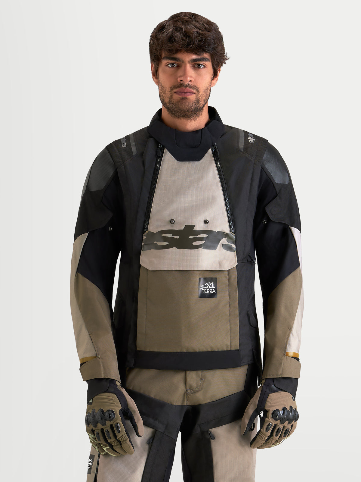 Alpinestars Harok V2 Drystar Jacket, Men's Adventure Motorcycle Jacket, Aluminum, Walnut, and Black, featuring a waterproof textile shell and CE-certified protection, worn by a model