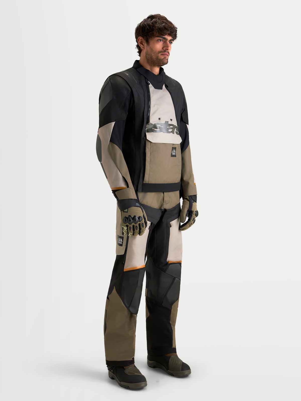 Alpinestars Harok V2 Drystar Jacket, Men's Adventure Motorcycle Textile Jacket, Aluminum, Walnut, and Black, featuring CE Level 2 armor and waterproof Drystar construction worn by a male model