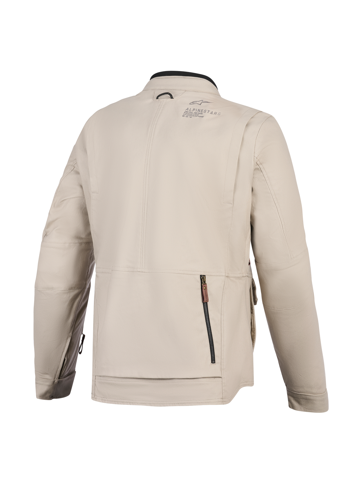 Alpinestars Borrego Drystar® Jacke, Motorradjacke, Warm Gray, Rückansicht mit einem großen rückseitigen Reißverschlussfach, strapazierfähige Textil-Canvas-Konstruktion mit Alpinestars-Branding auf der Schulter, abenteuerbereites Design