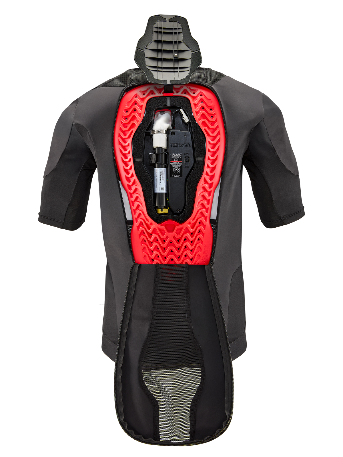 Alpinestars Tech-Air® 5 Plasma Airbag Replacement Canister, shown inside a Tech-Air® 5 Plasma vest, black garment with a bright red honeycomb internal frame, featuring the argon gas cylinder and electronic unit, technical motorcycle safety gear.
