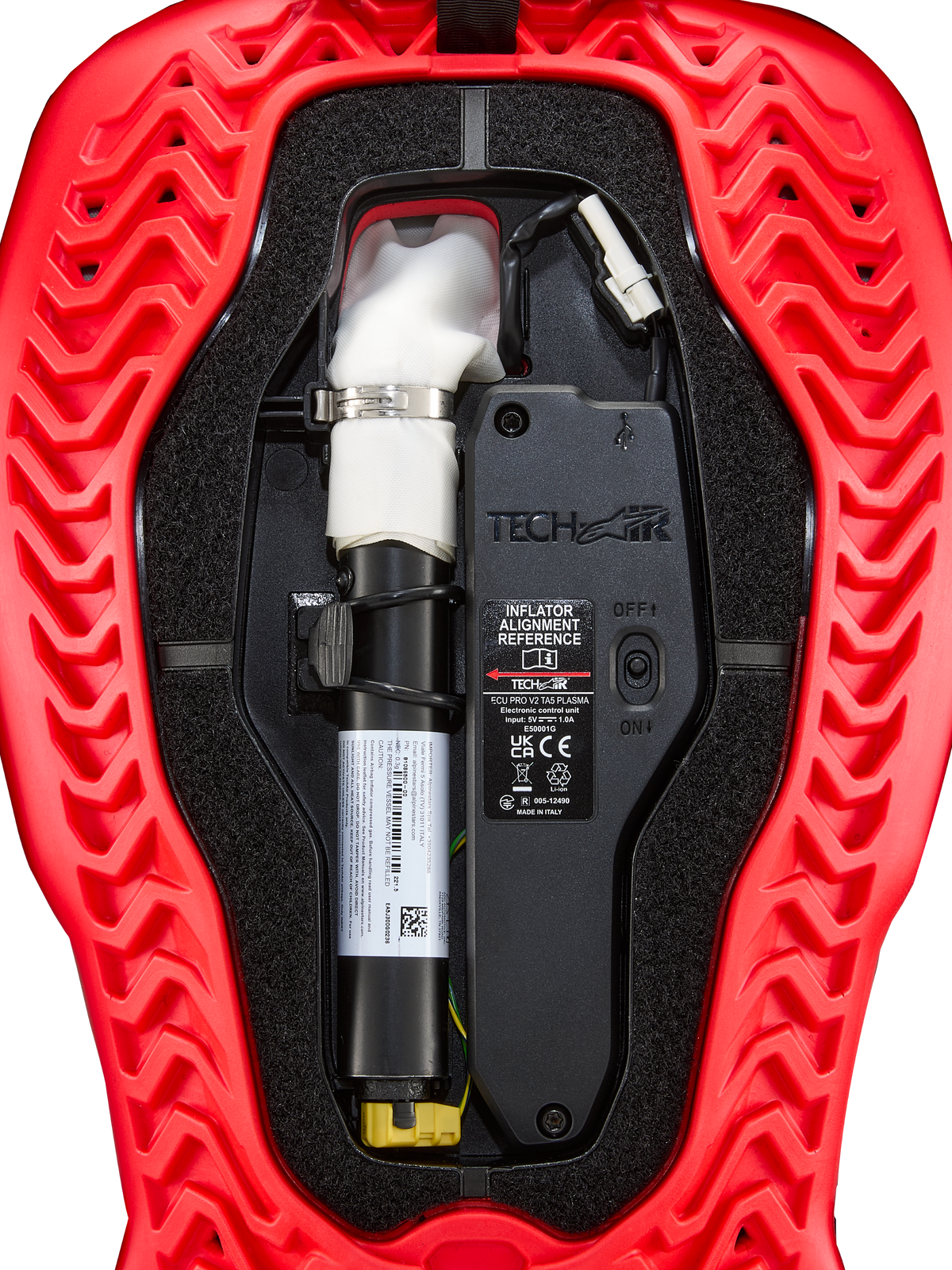 Alpinestars Tech-Air® 5 Plasma airbag replacement canister, black ECU, and white inflator in a red ribbed shell.