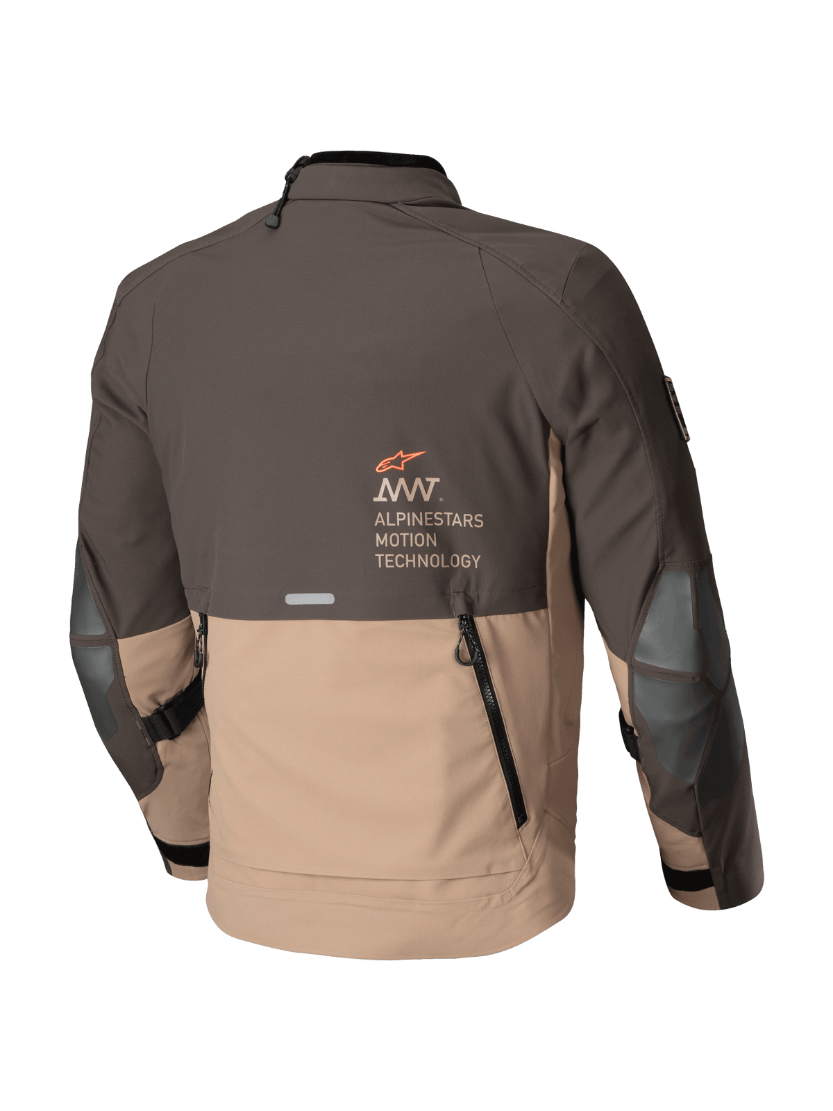 Alpinestars AMT-8 Stretch Drystar® XF Jacke, Adventure-Touring-Motorradjacke, Dunkelbraun und Dunkles Khaki, Rückansicht mit Entlüftungsöffnung und Alpinestars Motion Technology Branding