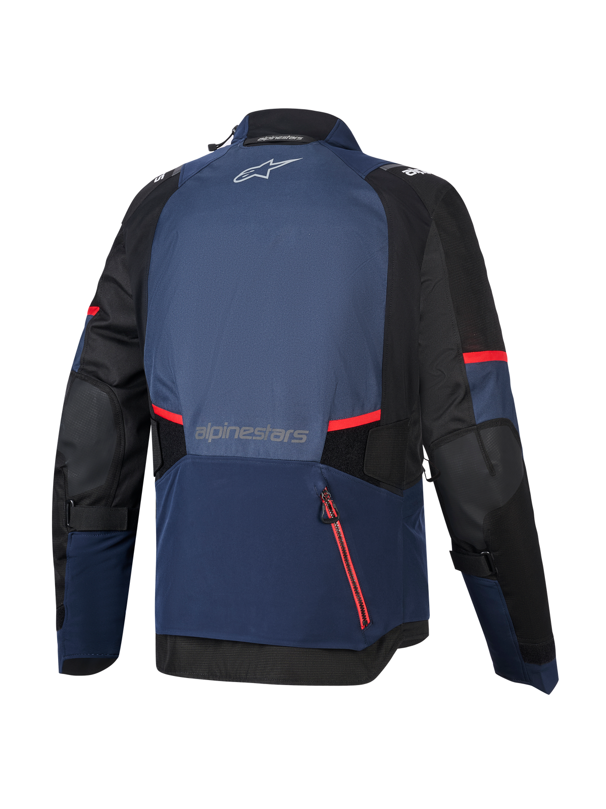 Alpinestars Andes V4 Drystar® Jacke, Rückansicht, Night Navy Mood Indigo und Schwarz, mit roten Reißverschluss-Akzenten und Streifen, großes wasserdichtes Rückfach, Alpinestars-Logo auf dem oberen und unteren Rücken, technische Adventure-Tourenjacke aus Textil.