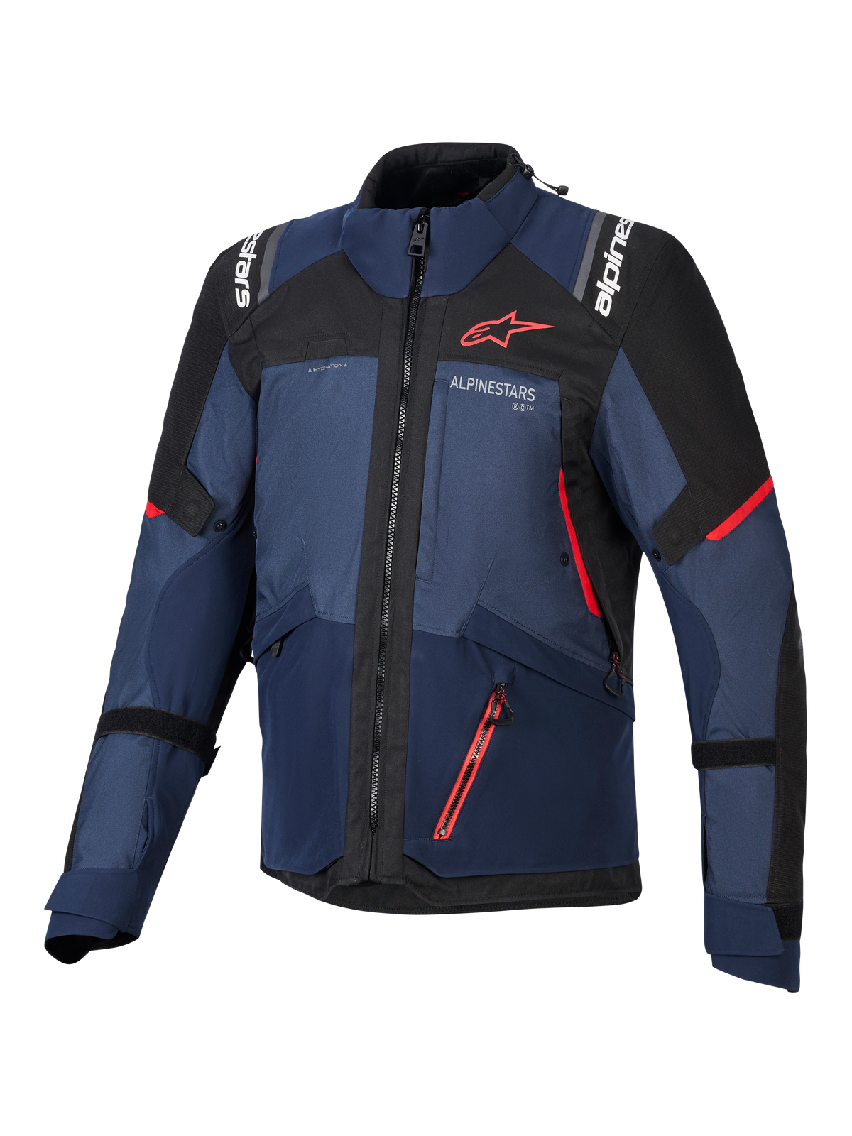 Alpinestars Andes V4 Drystar® Jacke, Motorradjacke, Night Navy, Mood Indigo und Schwarz, Vorderansicht mit roten Akzenten und weißem Alpinestars-Branding auf Brust und Schultern, strapazierfähige Textilausrüstung für Adventure-Motorradfahrten.