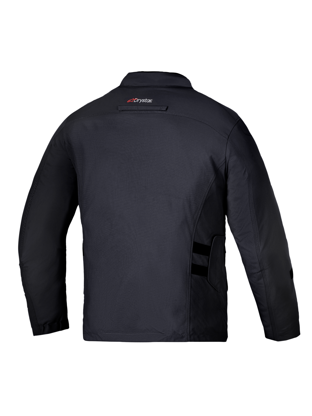Altan Drystar Jacket, Black men's urban motorcycle textile jacket, rear view showing Drystar branding on the collar and waist adjusters