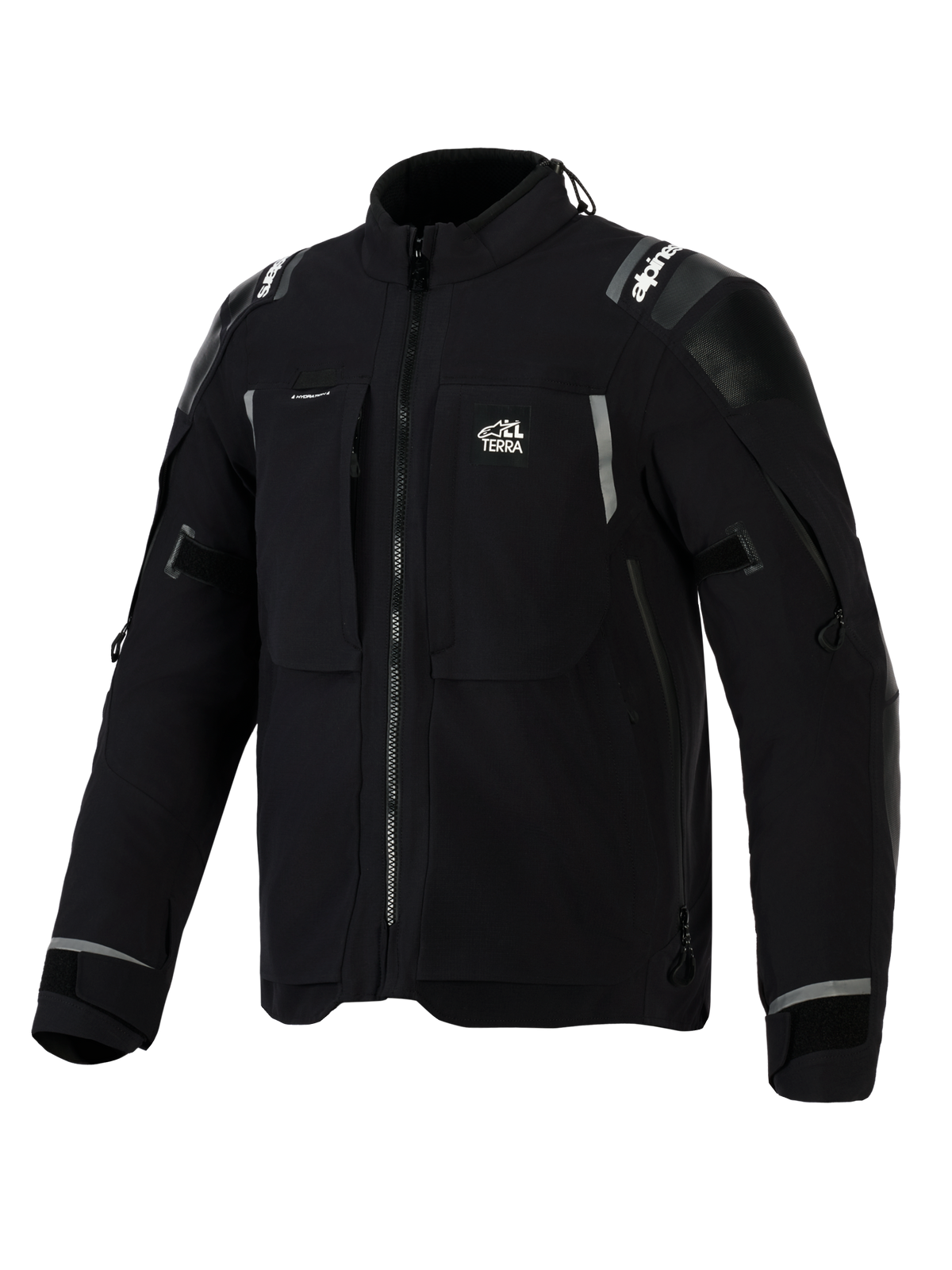 Alpinestars Andes Pro Drystar® XF Jacke, Adventure-Motorradjacke in Schwarz und Dunkelgrau, Vorderansicht schräg, mit „ALL TERRA“-Logo auf der Brust, reflektierendem Branding an den Schultern, mehreren wasserdichten Reißverschlusstaschen und verstellbaren Ärmelbündchen.