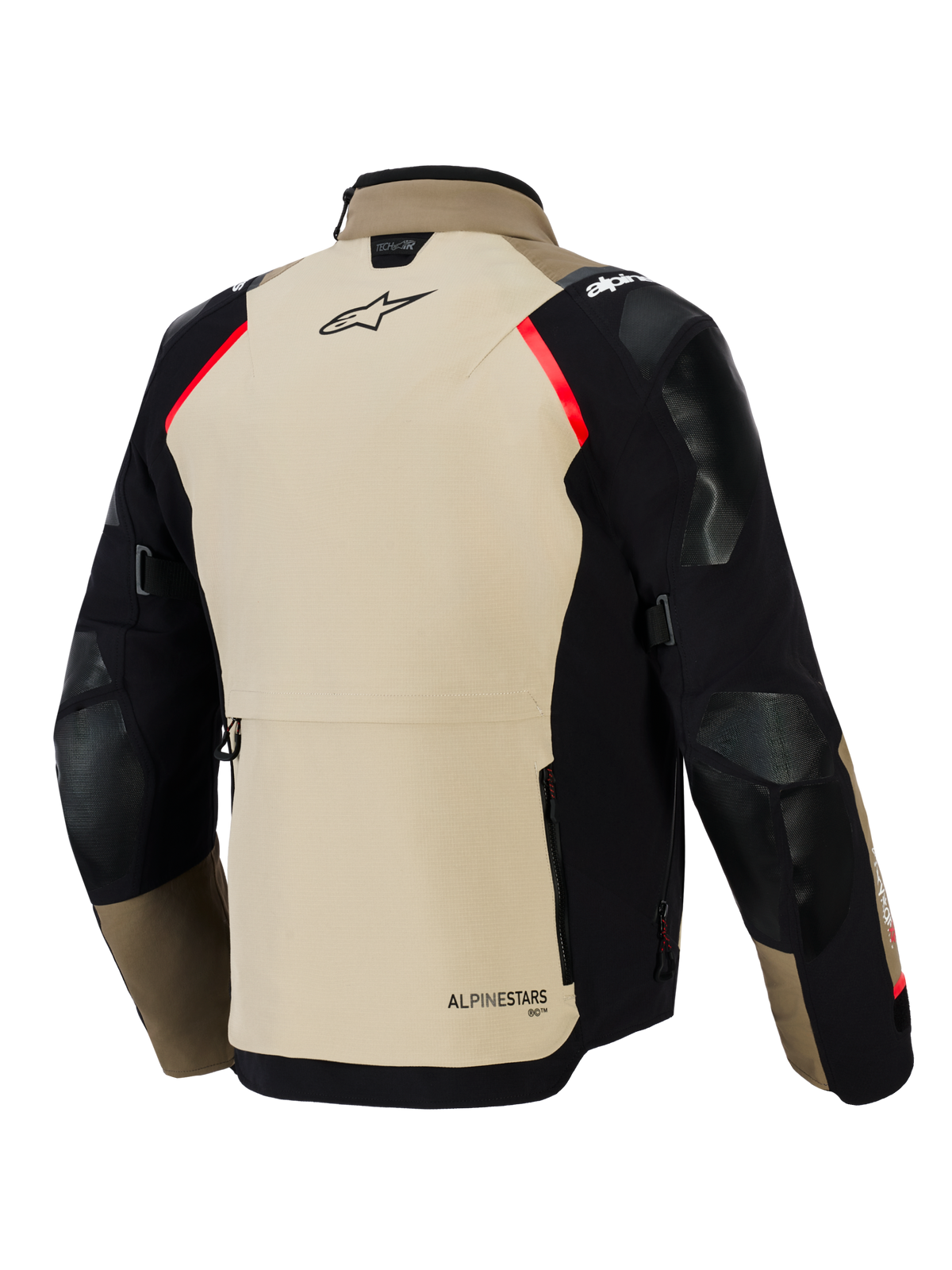 Alpinestars Andes Pro Drystar® XF Jacke, Rückansicht, Walnuss und Schwarz mit roten Akzenten, verstärkte Einsätze an Schultern und Ellbogen, große Aufbewahrungstasche am Rücken und Alpinestars-Branding, Adventure-Touring-Motorradausrüstung