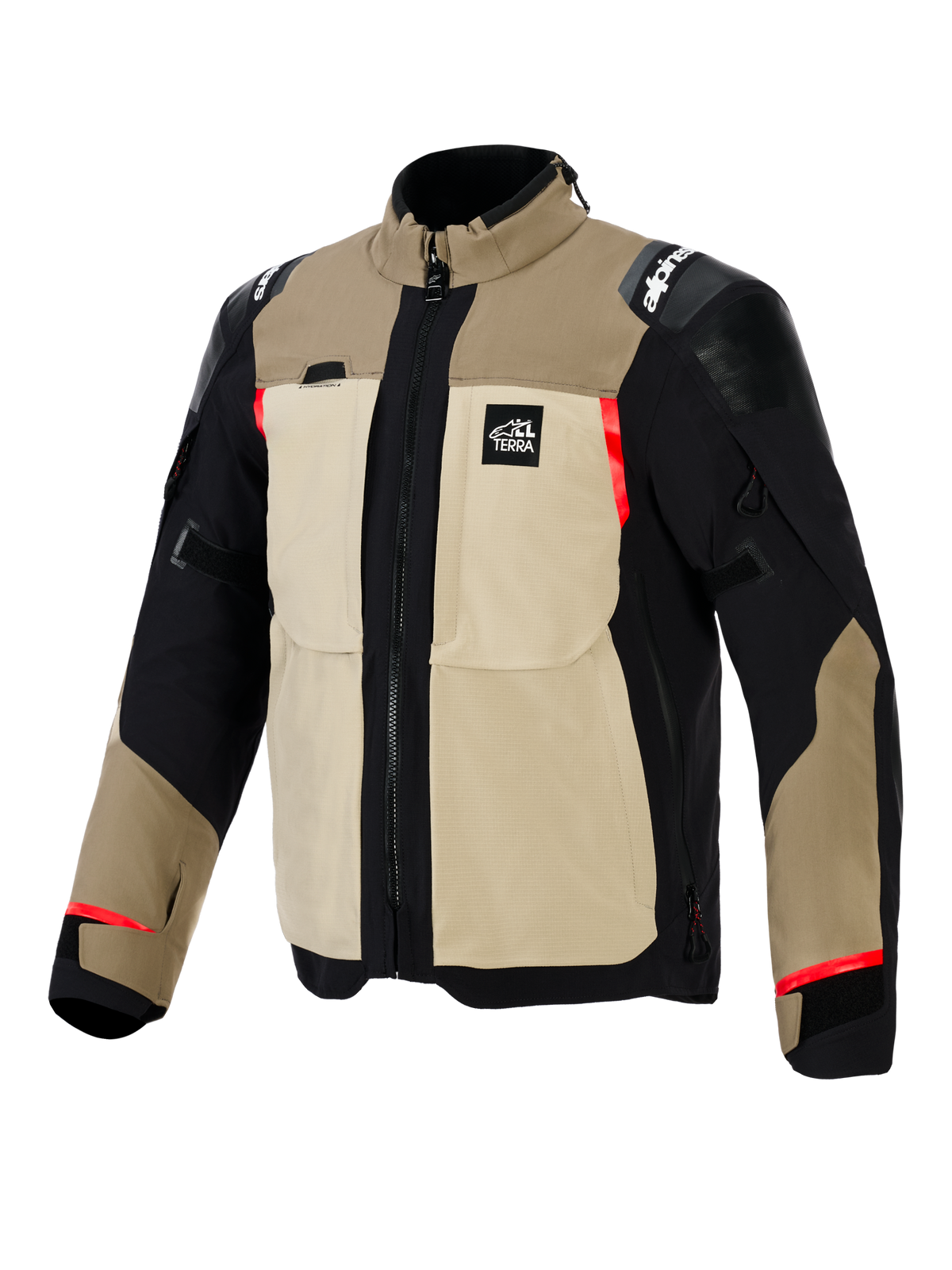 Alpinestars Andes Pro Drystar® XF Jacke, Adventure-Motorradjacke, Farbkombination Walnut und Aluminum, hellbraune und schwarze Textilkonstruktion mit roten Akzenten, große Utility-Brusttaschen, „All Terra“-Brustlogo und verstärkte Schulterpaneele.
