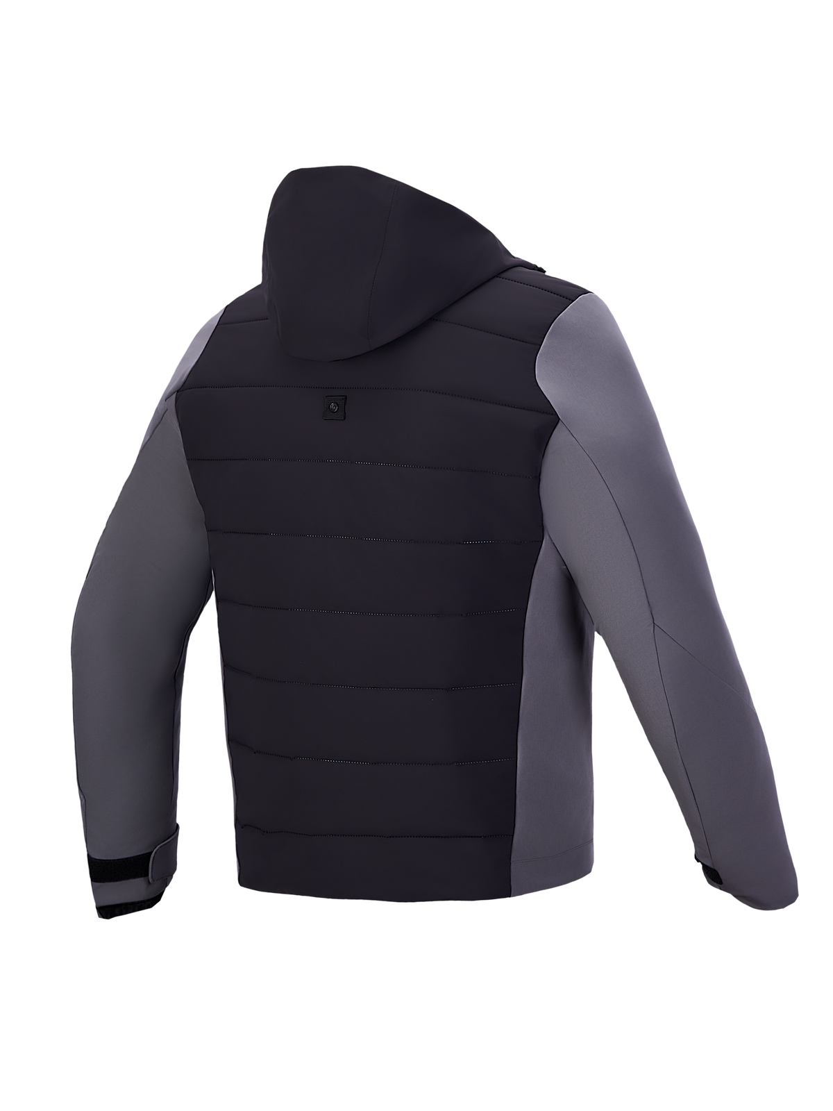 Alpinestars Therma Tech Waterproof Jacke, urbane Motorradjacke mit integrierter Kapuze, Rückansicht, Schwarz und Dunkelgrau, wasserdichte Daunenkonstruktion, CE-zertifiziert Klasse A