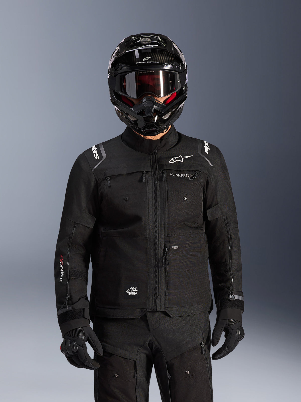 Alpinestars Cusco Drystar® Jacket, Black Men's Adventure Touring Jacket, textile, worn with helmet and goggles.