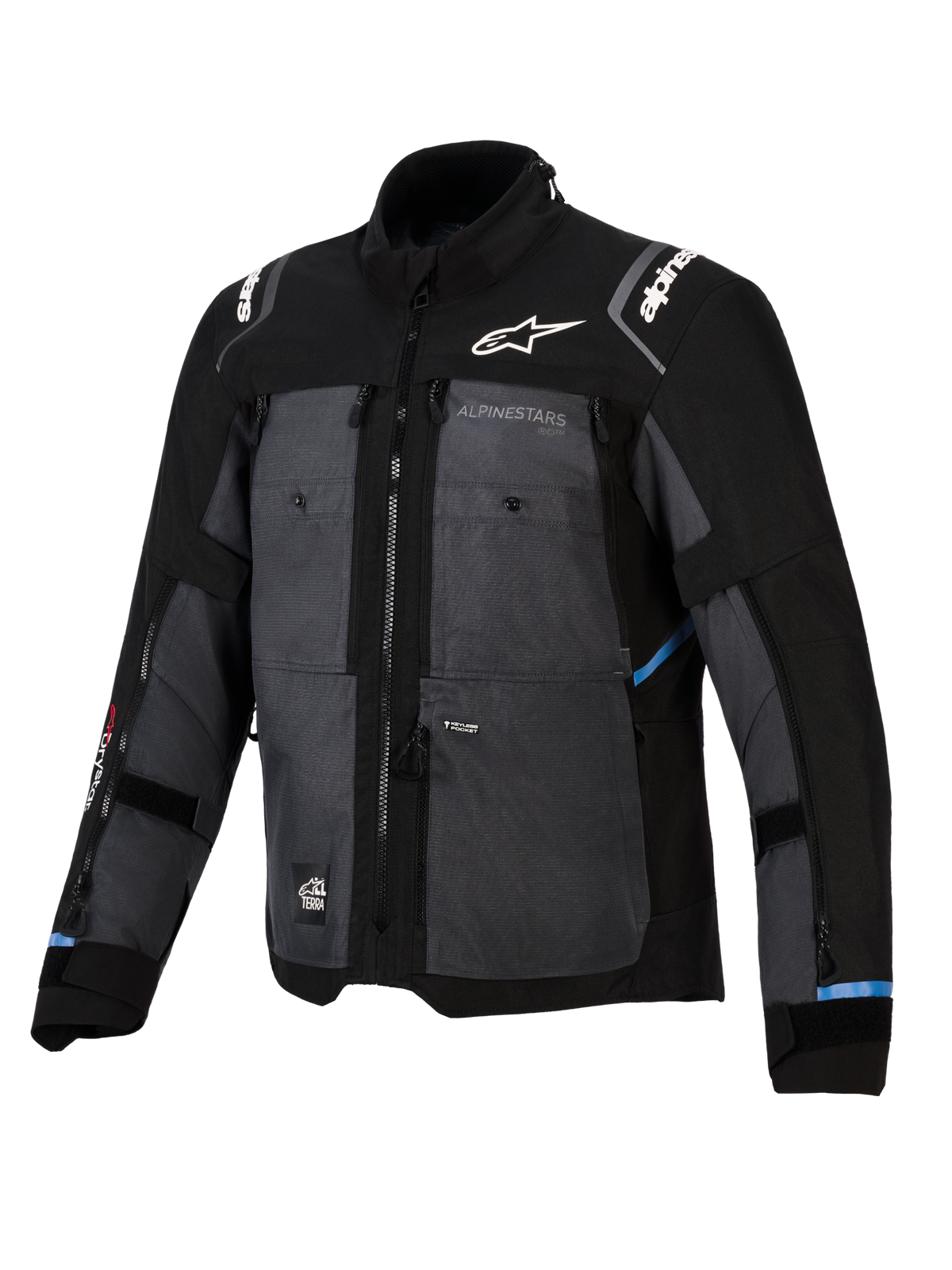 Alpinestars Cusco Drystar® Jacke, Adventure-Tourenjacke, Schwarz und Deep Gray, mit Ripstop-Textileinsätzen, weißem Alpinestars-Branding auf Brust und Schultern, mehreren Belüftungsreißverschlüssen und hellblauen Akzenten.