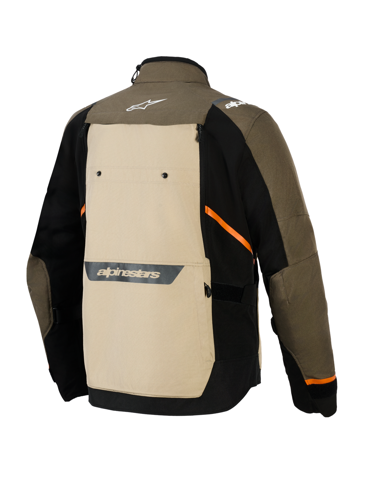 Alpinestars Cusco Drystar® Jacke, Rückansicht, Walnut Aluminum Black, Textil-Adventure-Motorradjacke mit großem beigem Rückenteil, orangefarbenen diagonalen Akzenten und reflektierenden Logos auf einer braunen und schwarzen Außenseite.