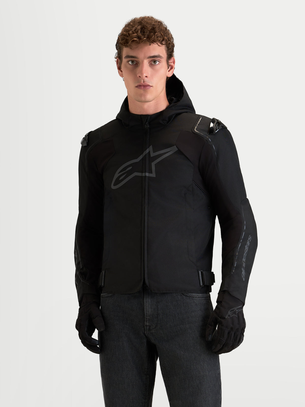 Alpinestars Zaca V2 Waterproof Jacket, Men's Black motorcycle sport riding jacket featuring a hood, integrated DFS shoulder armor, and durable textile construction
