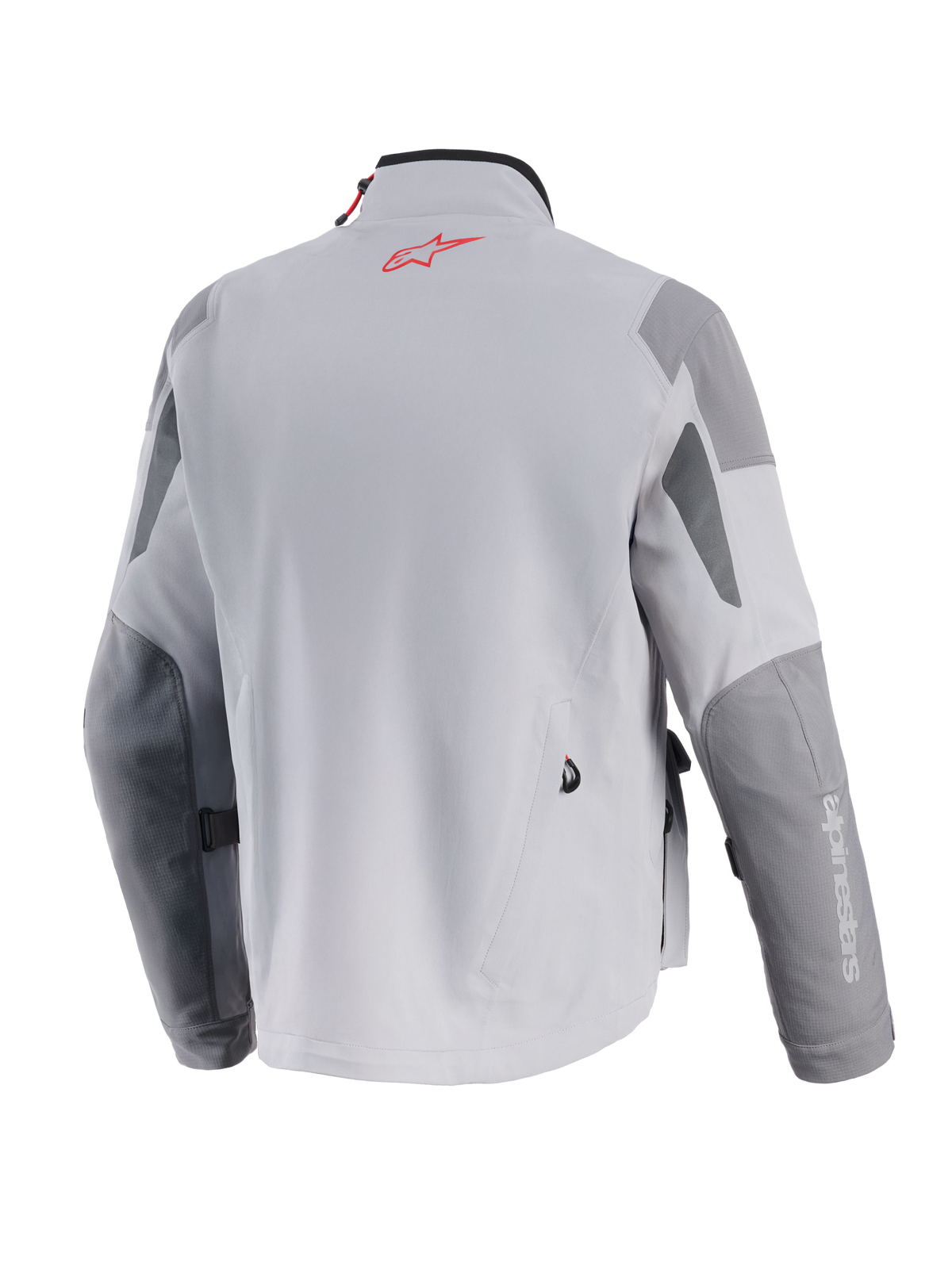 Alpinestars Maxdura Drystar®XF Laminated Armored Shell, Adventure Motorcycle Jacket, Mid Gray and Dark Gray, back view featuring a red Alpinestars logo on the neck, reinforced dark gray panels on elbows and shoulders, and professional textile construction.