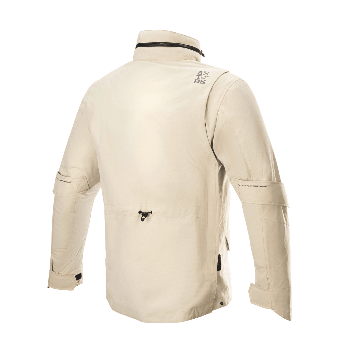 Alpinestars MO.ST.EQ Field Waterproof Primaloft Jacket, Motorcycle Jacket, Sand Military, rear view featuring a high collar with packable hood, sleeve volume adjusters, and a lightweight ripstop construction in a contemporary field jacket style