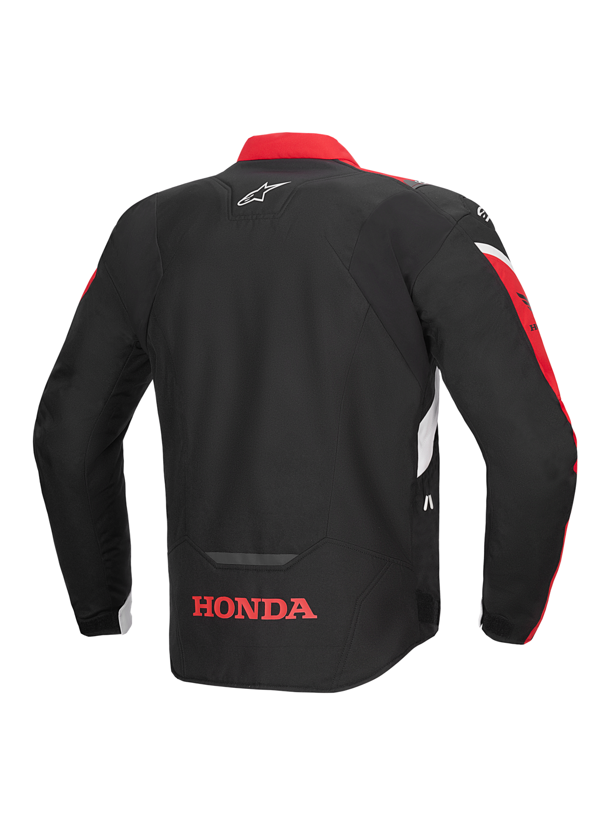 Alpinestars Honda T-Jaws V4 WP Jacke, Rückansicht, Schwarz mit leuchtend roten und weißen Akzenten, mit einem roten Honda-Logo am unteren Rücken und Alpinestars Stern-Logo am oberen Rücken, Textil-Sportjacke mit reflektierenden Details