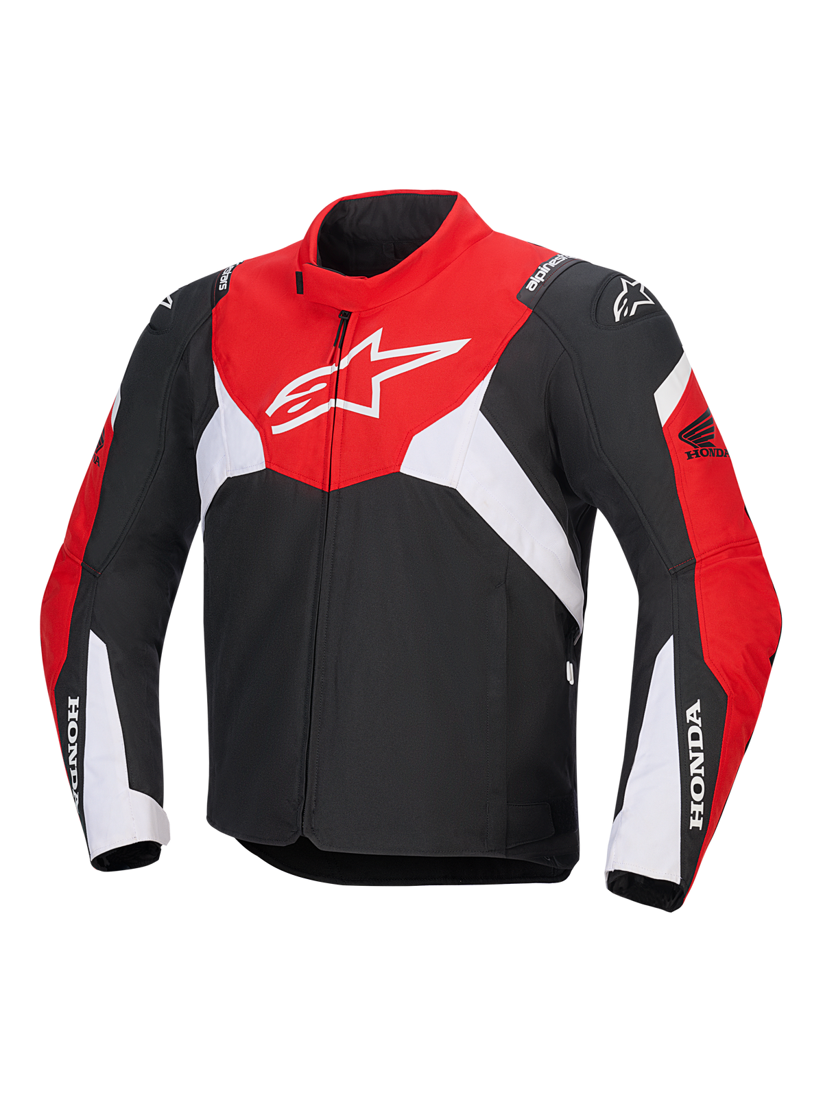 Alpinestars Honda T-Jaws V4 WP Jacke, technische wasserdichte Motorradjacke, Schwarz, Hellrot und Weiß, mit einem großen weißen Astar-Logo auf der Brust und Honda-Branding auf den Ärmeln, sportliches Design mit hohem Kragen und Frontreißverschluss.