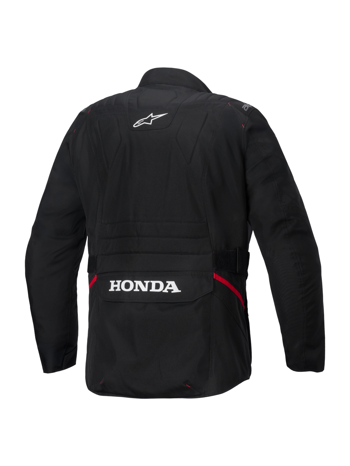 Alpinestars Honda ST-1 wasserdichte Jacke, Rückansicht, schwarzes Textil, mit weißem Alpinestars-Sternlogo auf dem oberen Rücken und Honda-Branding auf der hinteren Cargotasche, rote Akzente an den Seiten, strapazierfähige Touring-Motorradjacke