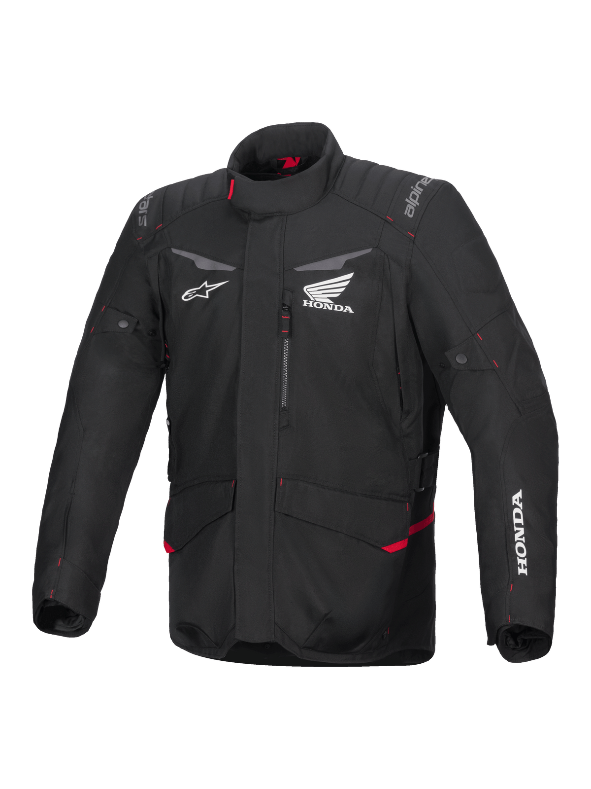 Alpinestars Honda ST-1 Wasserdichte Jacke, Motorrad-Tourenjacke, Schwarz mit roten Akzenten, Honda und Alpinestars Logos, Hoher Kragen, Gepolsterte Schultern und Ellbogen, Reißverschluss, Fronttaschen