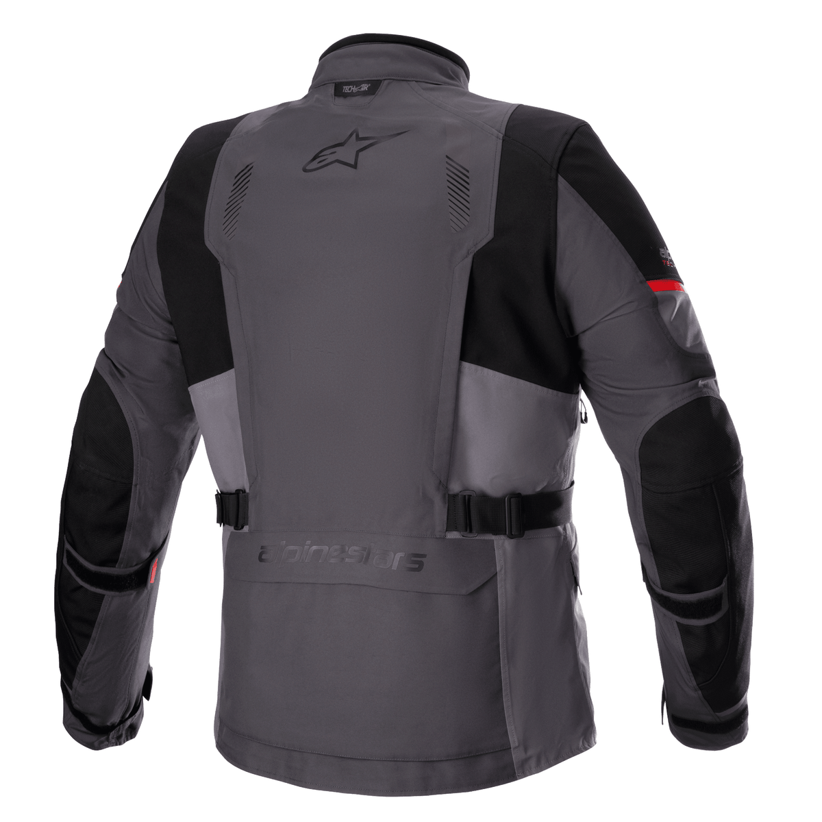 Alpinestars Monteira Drystar® XF Jacket, Adventure Touring Motorcycle Jacket, Dark Gray and Tar Gray with Bright Red accents, back view showing rear utility pocket, waist straps, and reinforced black panels on shoulders and elbows, featuring the Astars logo on the upper back.