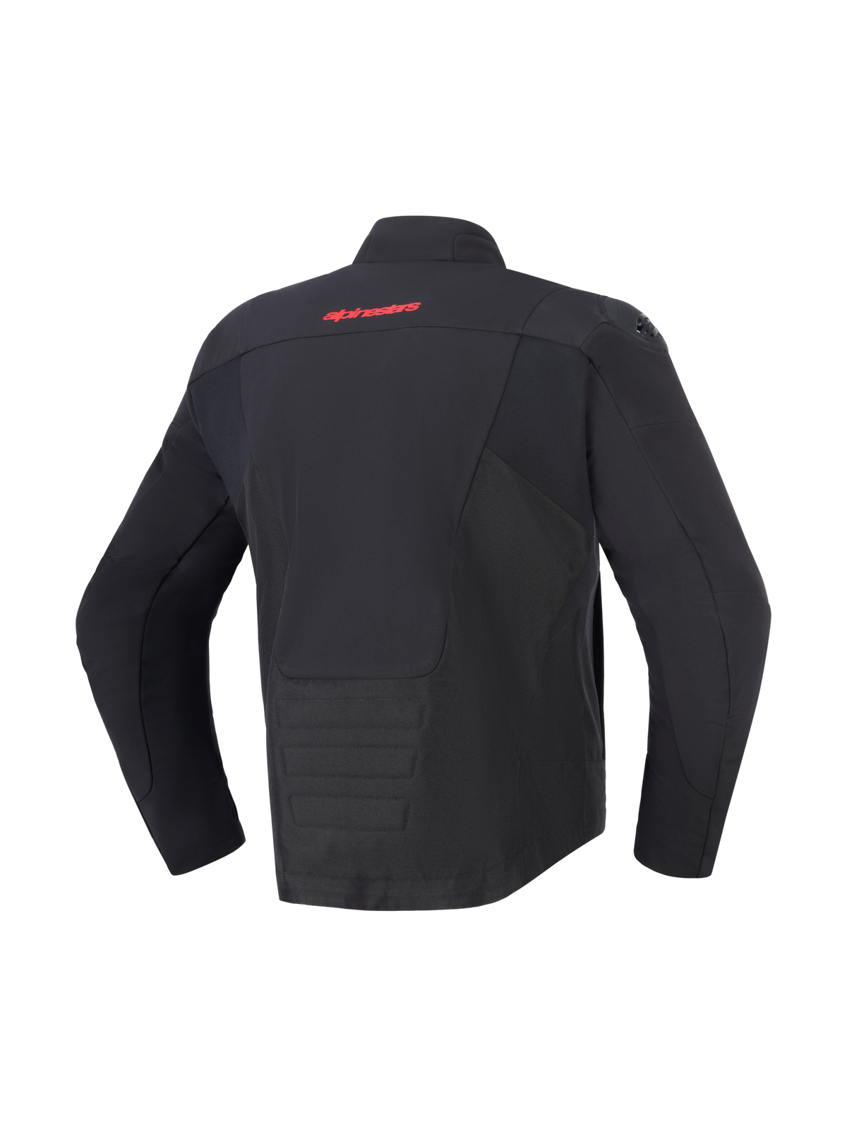 Alpinestars SMX Waterproof Jacke, Schwarz, Rückansicht mit rotem Alpinestars-Logo auf dem oberen Rücken, verlängerter Saum am Rücken für mehr Abdeckung, Textil- und Softshell-Paneele, schützende Motorradausrüstung für Straßen- und Sportfahrten.