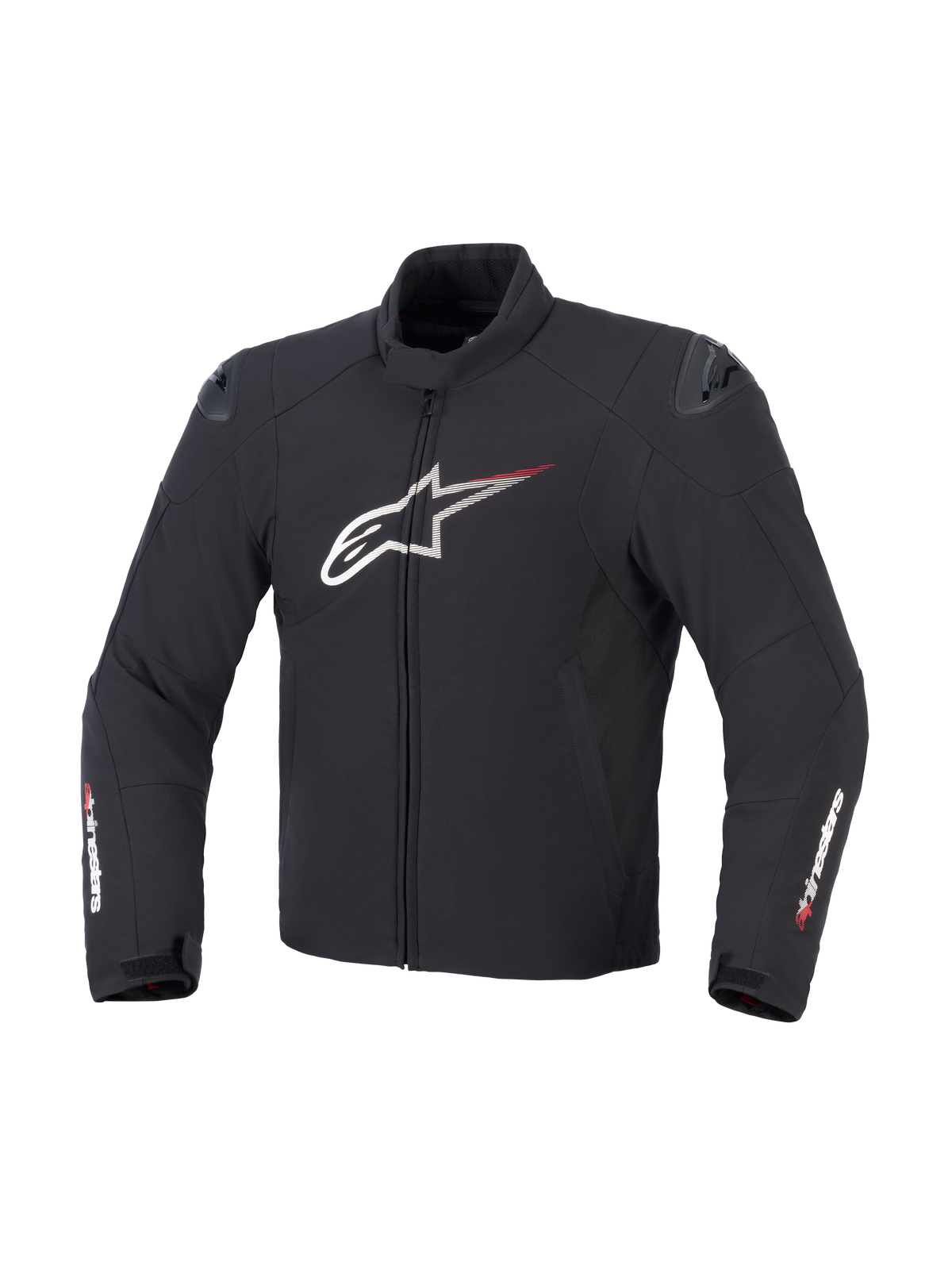 Alpinestars SMX Waterproof Jacke in Schwarz, Weiß und leuchtendem Rot, Vorderansicht mit Textilkonstruktion, großes weißes Astar-Brustlogo mit roten Speed-Lines, externe DFS Lite Schulterschleifer und Alpinestars-Branding auf den Ärmeln.