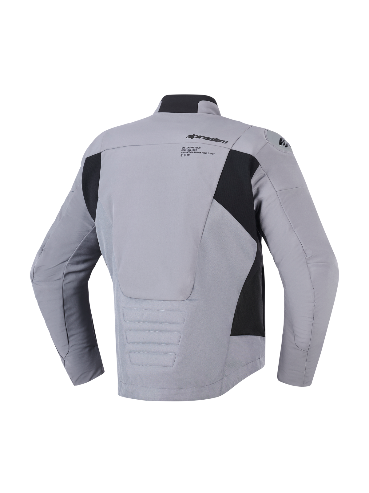 Alpinestars SMX Wasserdichte Jacke in Dunkelgrau-Schwarz, Rückansicht zeigt Textil- und Softshell-Konstruktion, Alpinestars Logo und Grafik auf dem oberen Rücken, schwarze Seiteneinsätze und verlängertes Rückenprofil für Schutz beim Fahren, sportliche Motorrad-Straßenjacke.
