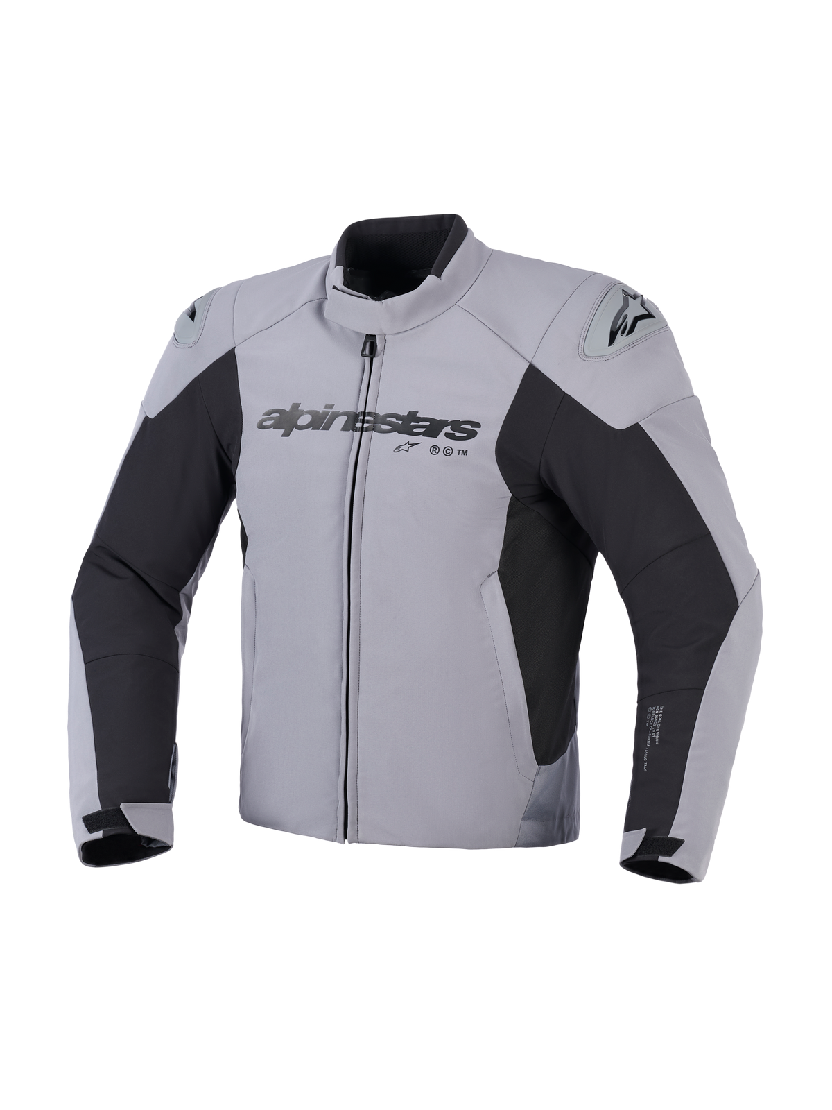 Alpinestars SMX wasserdichte Jacke, Motorradjacke, Dunkelgrau und Schwarz, Vorderansicht mit Alpinestars-Logo auf der Brust und DFS Lite Schulterschleifern, sportliches Textildesign für die Straße