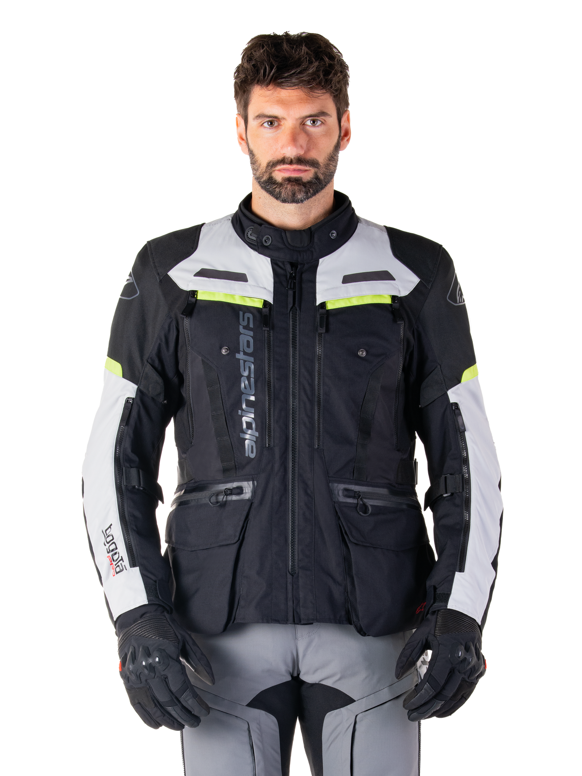 Alpinestars Bogotá Pro Drystar® Jacke, Herren-Adventure-Touring-Motorradjacke in Schwarz und Grau mit gelben Fluo-Akzenten.