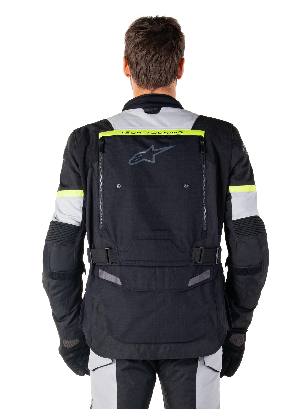Alpinestars Bogota' Pro Drystar® Jacke, Adventure-Touring-Motorradjacke für Herren in Schwarz und Gelb Fluo, Rückansicht.