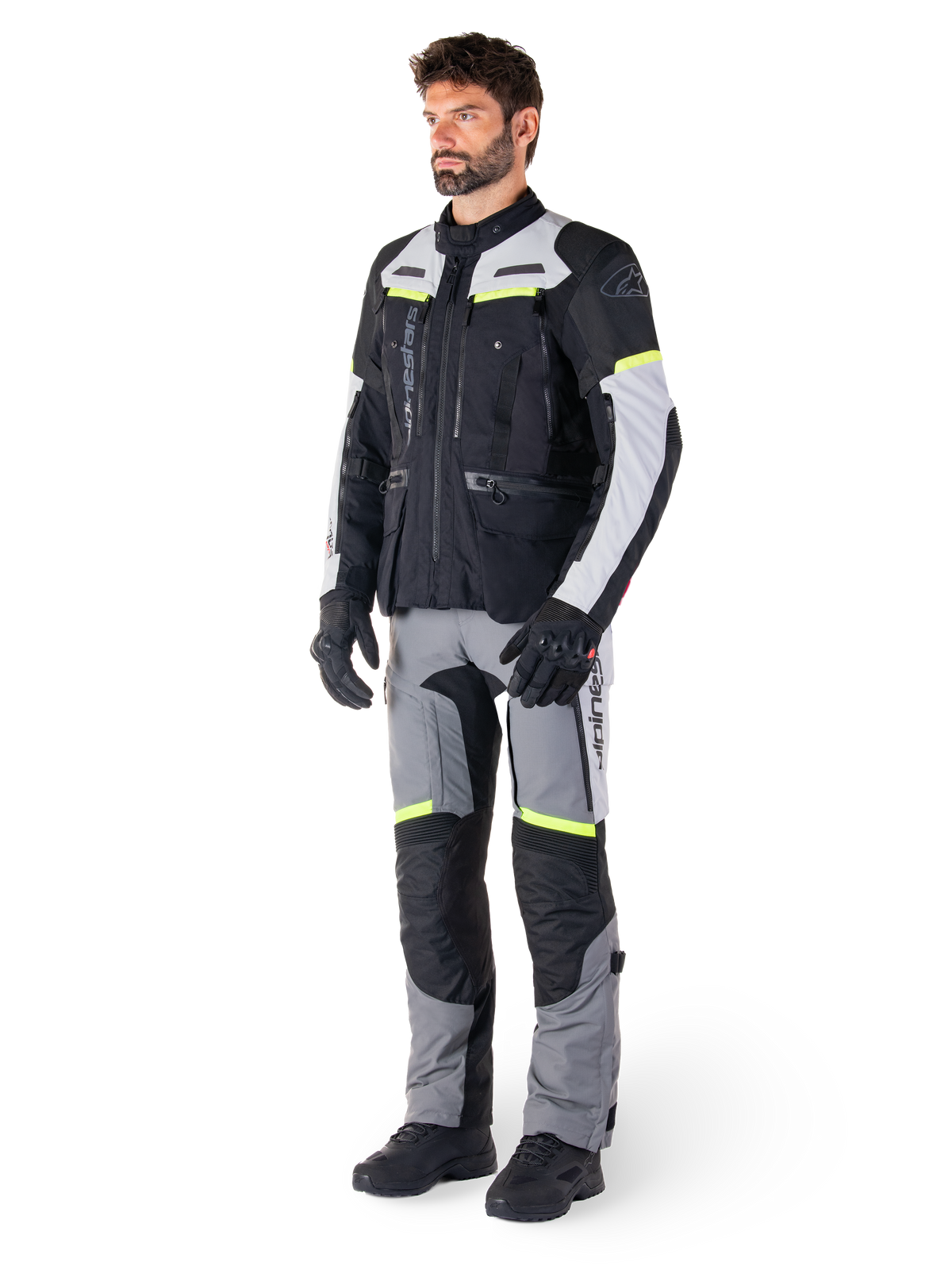 Alpinestars Bogotá Pro Drystar® Jacke, Adventure-Touring-Textiljacke für Herren in Schwarz und Grau mit gelben Fluo-Akzenten.