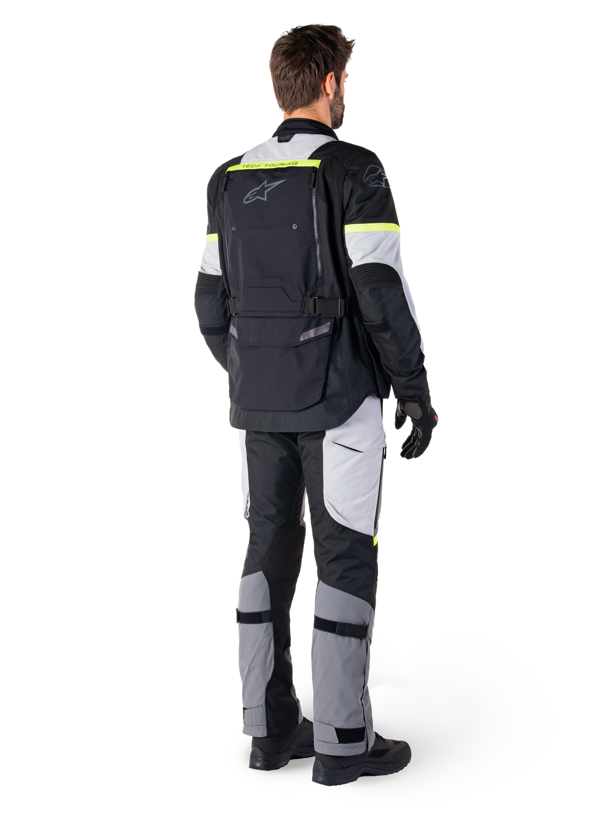 Alpinestars Bogota' Pro Drystar® Jacke, Herren Adventure-Touring-Textiljacke, Schwarz und Eisgrau, Gelb Fluo, Rückansicht.