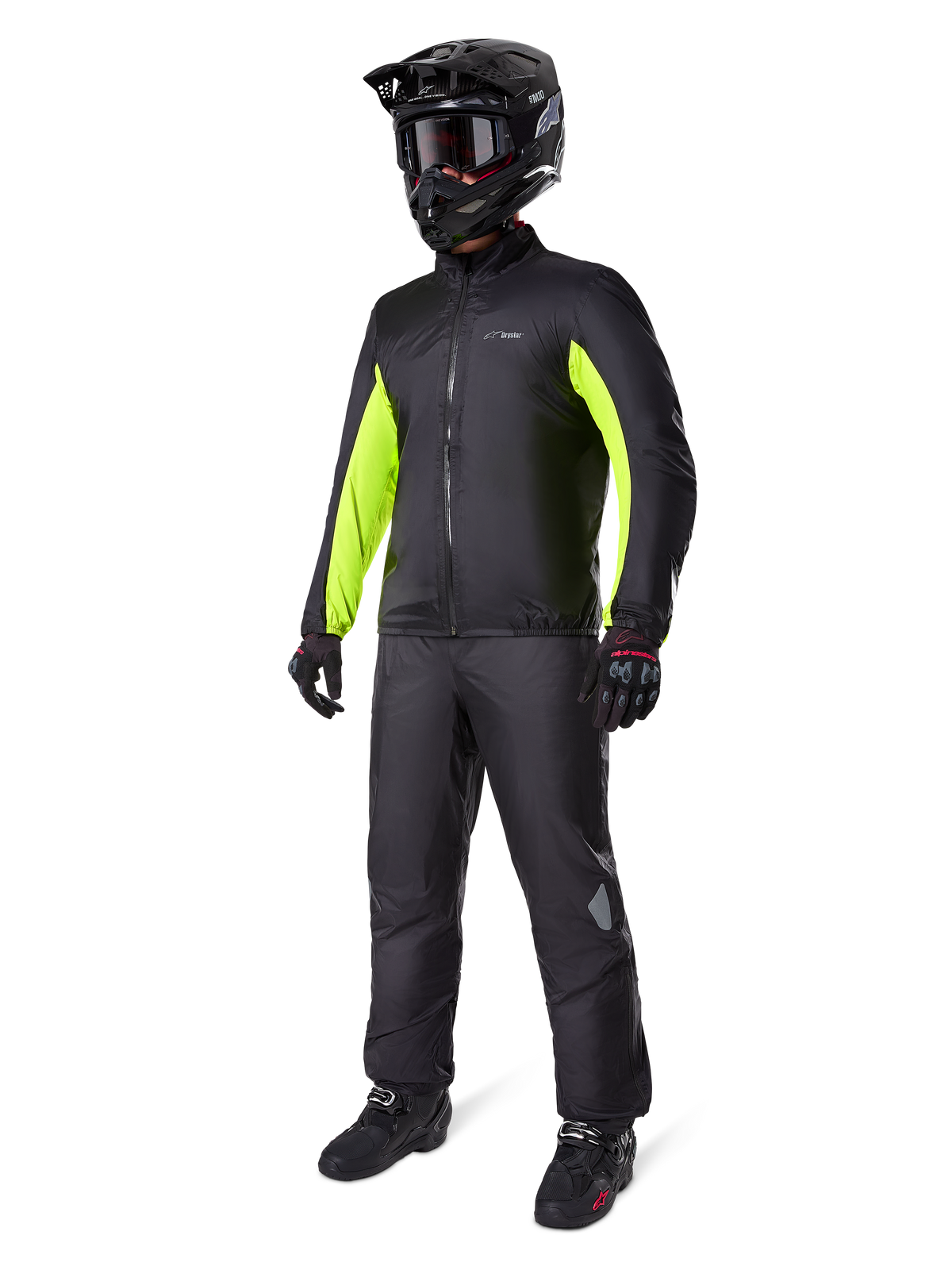 Alpinestars Bogotá Pro Drystar® Jacken-Innenfutter, wasserdichtes Herren-Adventure-Textil, Schwarz und Gelb Fluo, am Model.