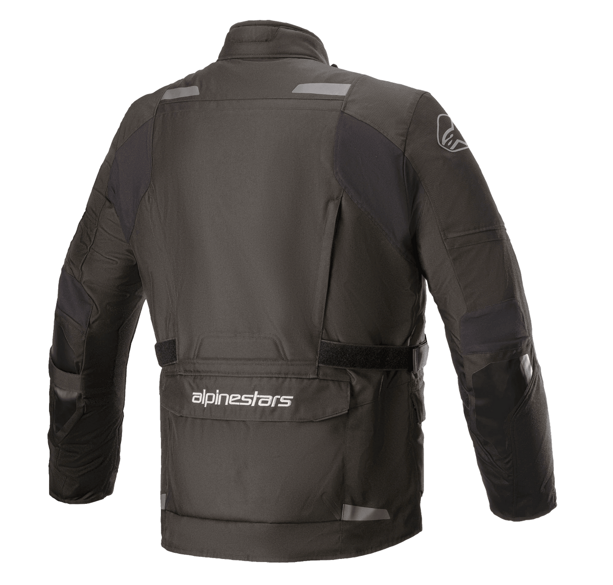 Alpinestars Andes V3 Drystar® Jacket, Motorcycle Jacket, Black, back view featuring a large lower utility pocket with Alpinestars branding, reflective accents on shoulders, and adjustable waist belt, durable textile design for adventure touring