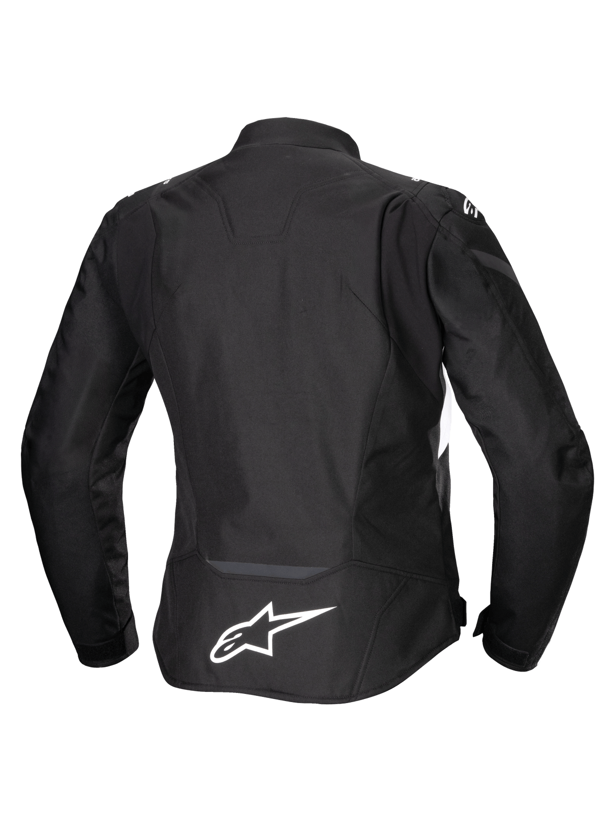 Alpinestars Stella T-Jaws V4 Waterproof Jacket, Women's Motorcycle Jacket, Black with white accents, Rear view featuring white Alpinestars logo on the lower back, sleek sport-fit textile design