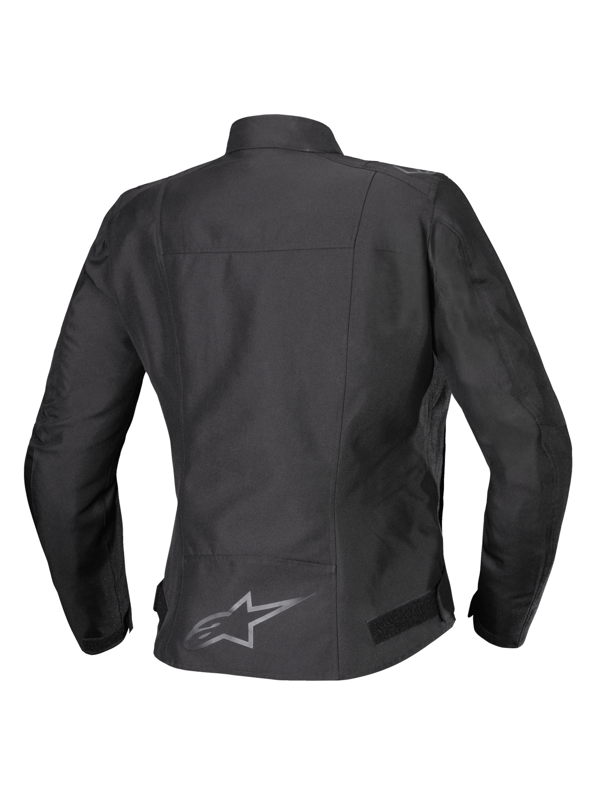 Alpinestars Stella T-SPS V2 Wasserdichte Jacke, Rückansicht, Schwarz, Damen-Textil-Motorradjacke mit einem reflektierenden Logo am unteren Rücken und einer sportlich konturierten Silhouette